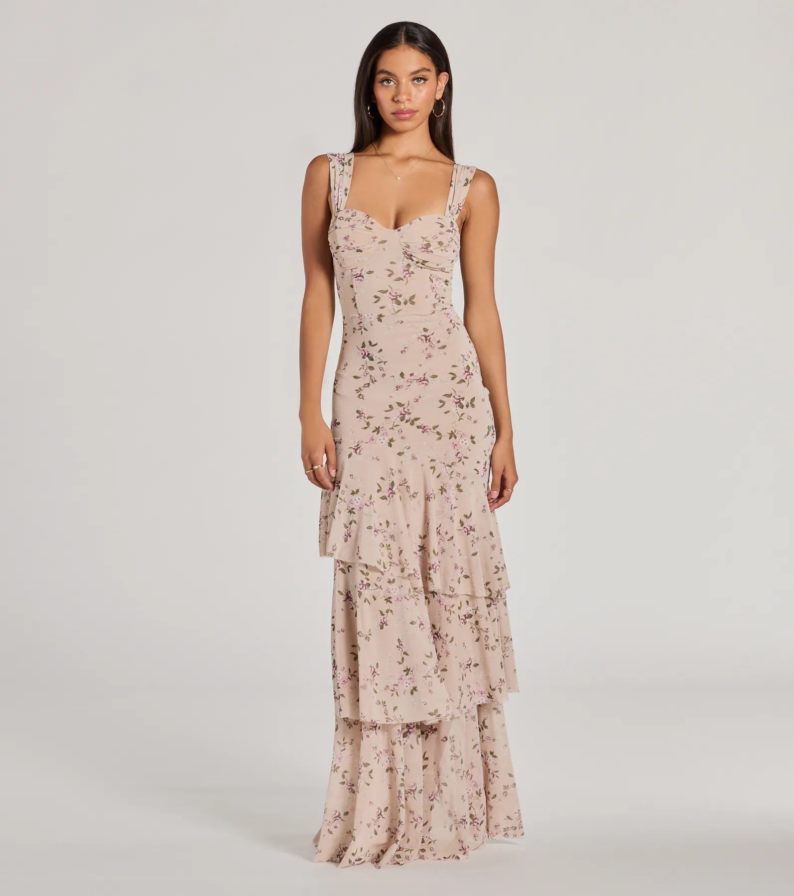 Melonie Corset Ruffled Mermaid Floral Formal Dress - TAUPE