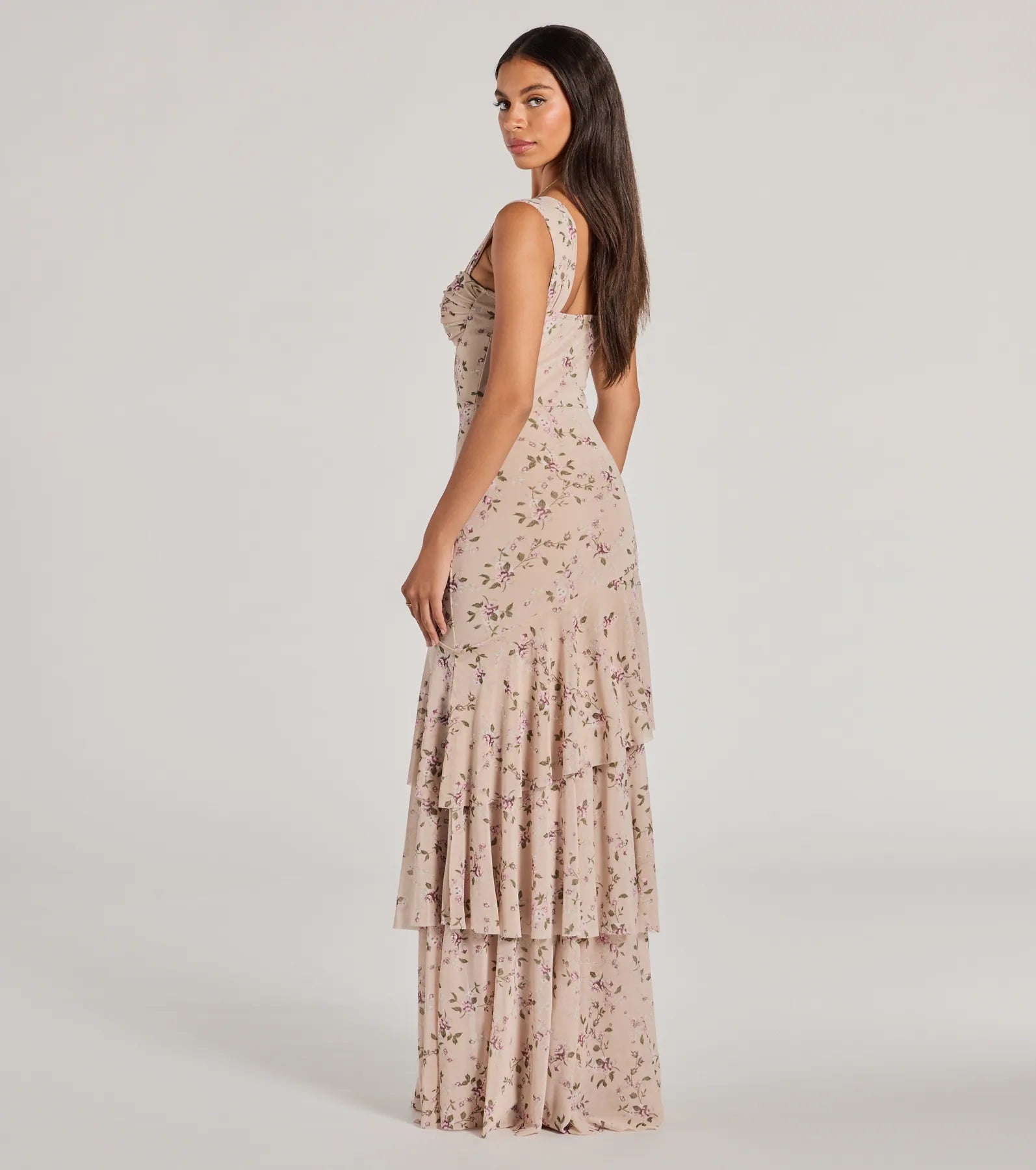 Melonie Corset Ruffled Mermaid Floral Formal Dress - TAUPE