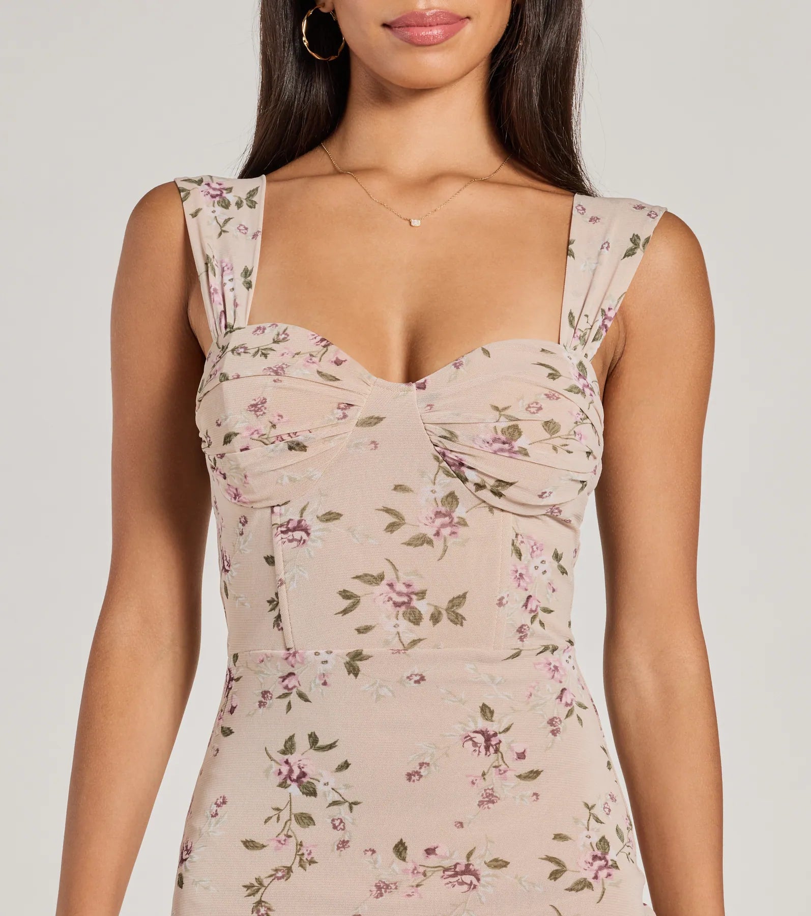 Melonie Corset Ruffled Mermaid Floral Formal Dress - TAUPE