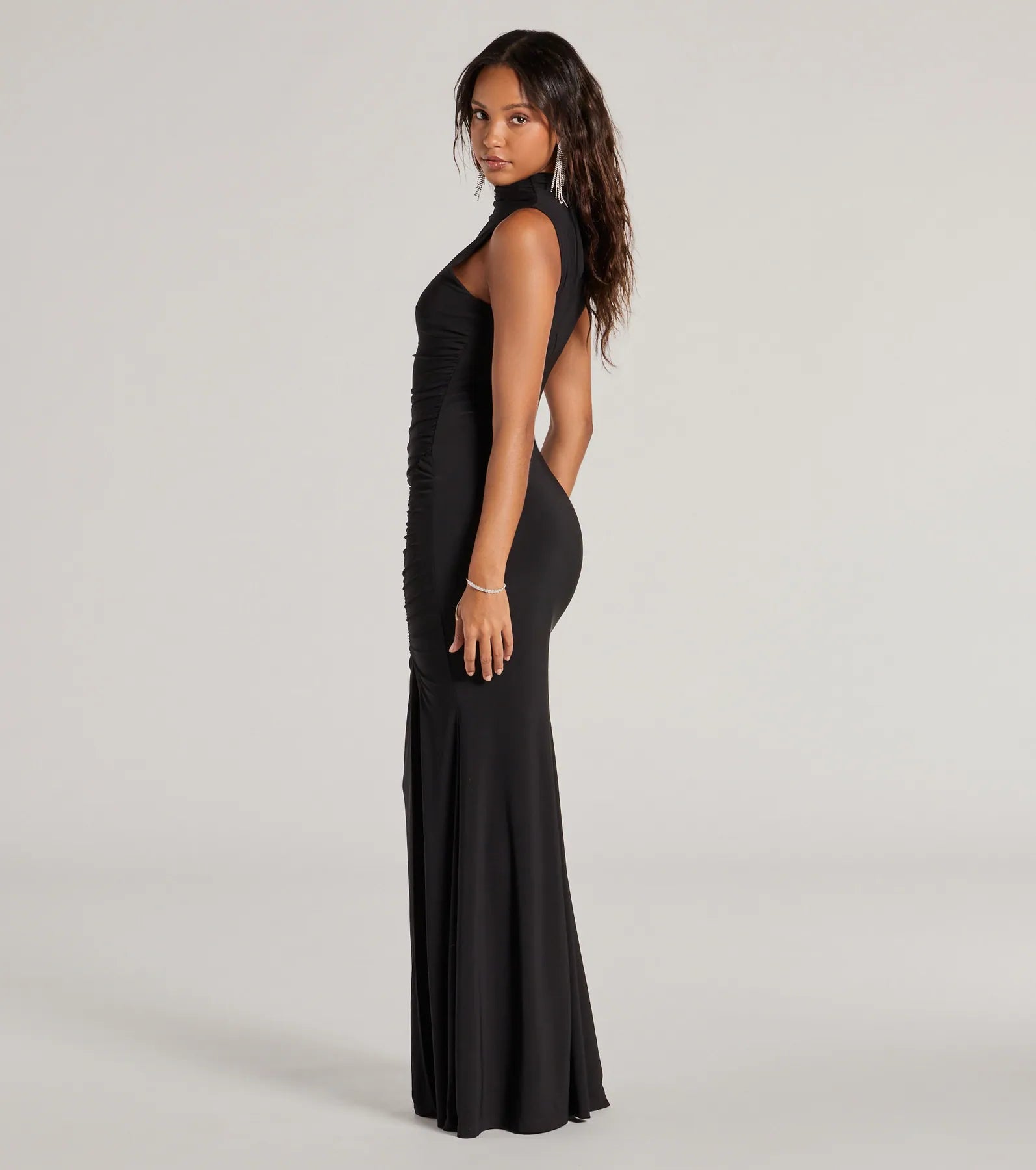 Angela Mock Neck High Slit Mermaid Dress - BLACK