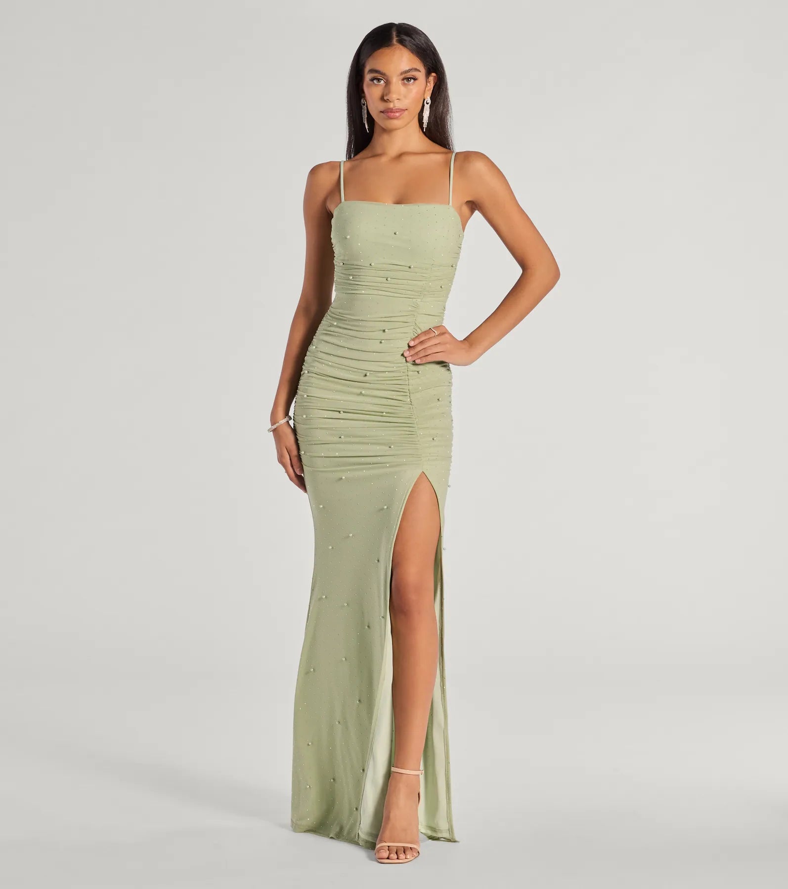 Annika Pearl And Rhinestone Ruched Mesh Mermaid Dress - SAGE