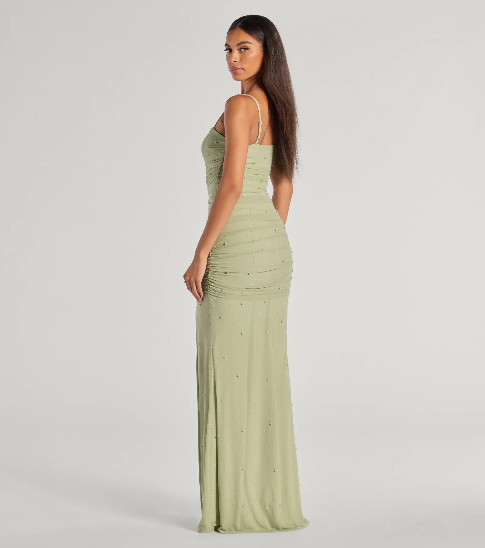Annika Pearl And Rhinestone Ruched Mesh Mermaid Dress - SAGE