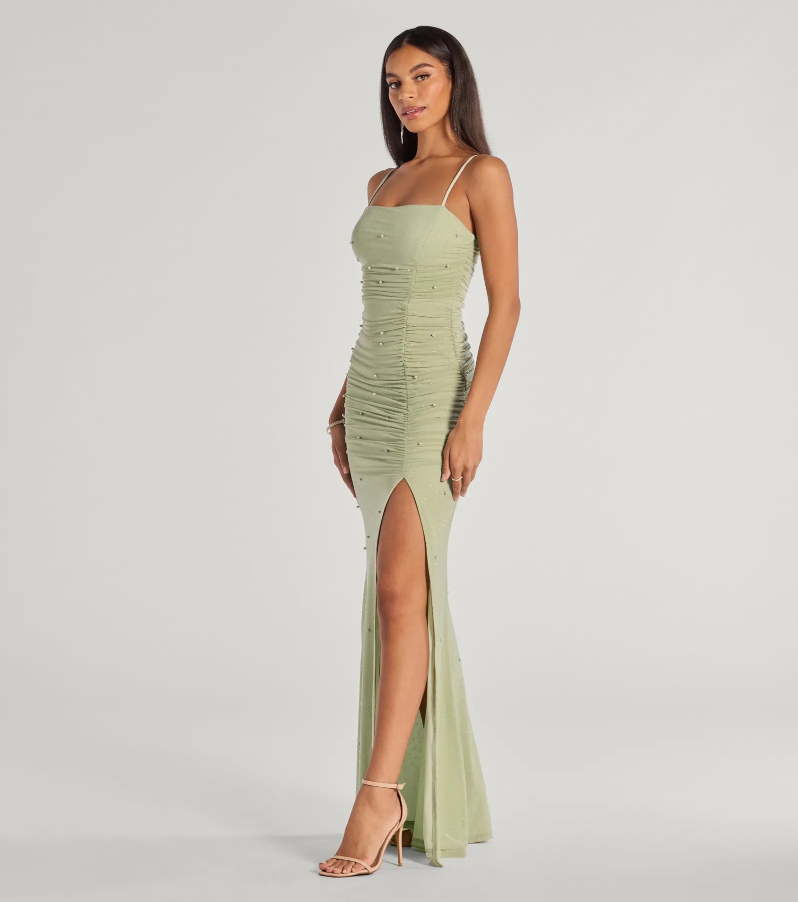 Annika Pearl And Rhinestone Ruched Mesh Mermaid Dress - SAGE