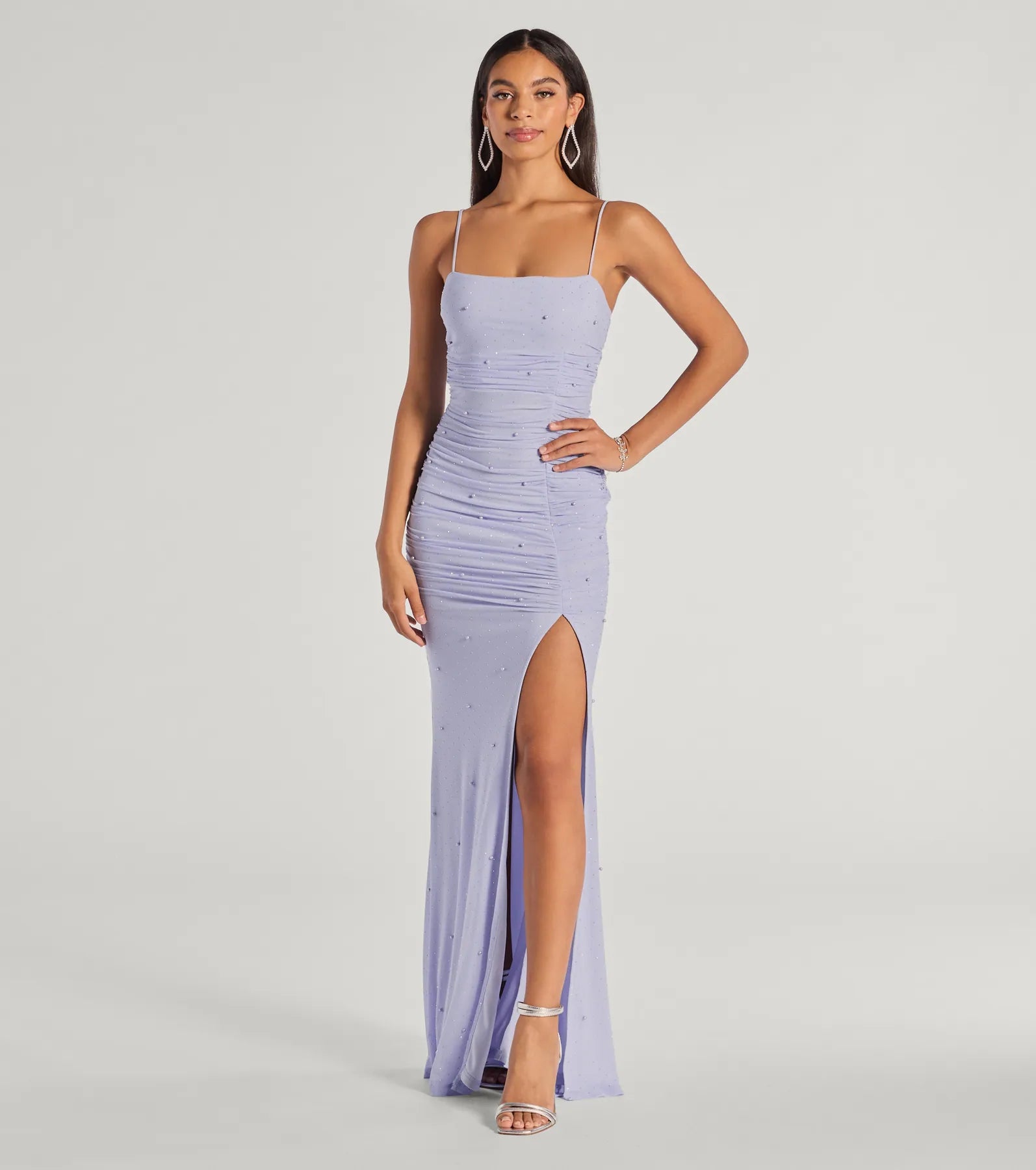 Annika Pearl And Rhinestone Ruched Mesh Mermaid Dress - LAVENDER