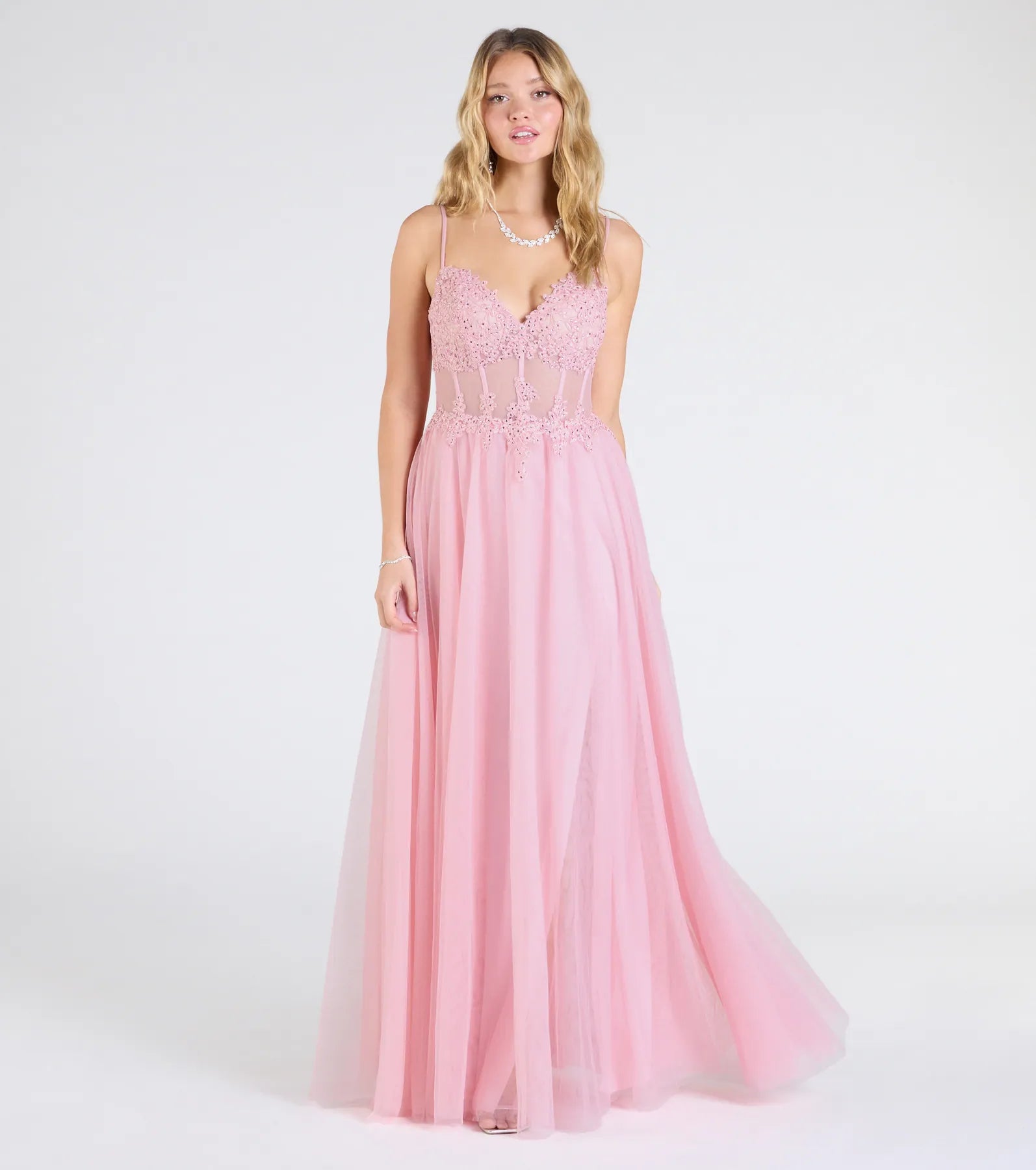 Fatima V-Neck Embroidered A-Line Tulle Dress - PINK