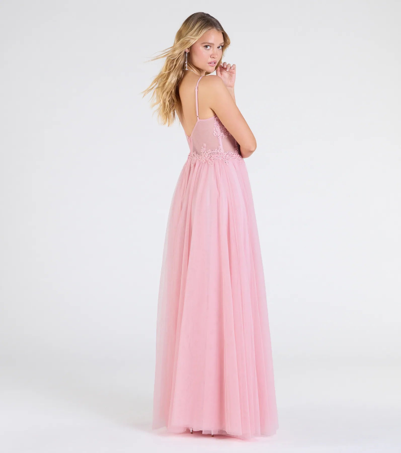 Fatima V-Neck Embroidered A-Line Tulle Dress - PINK