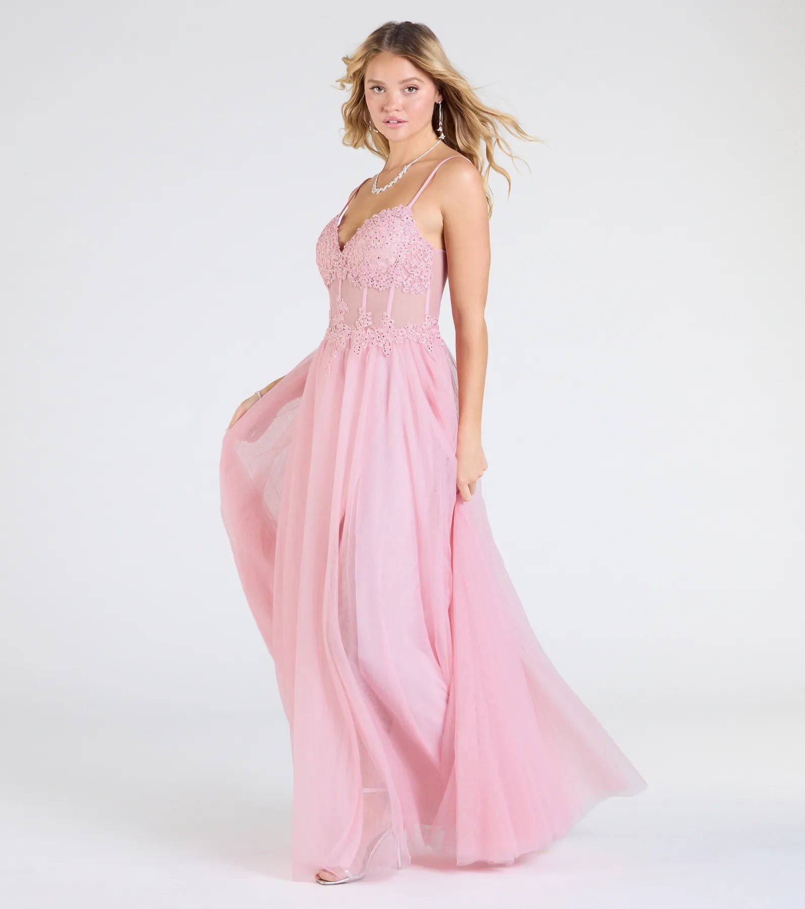 Fatima V-Neck Embroidered A-Line Tulle Dress - PINK