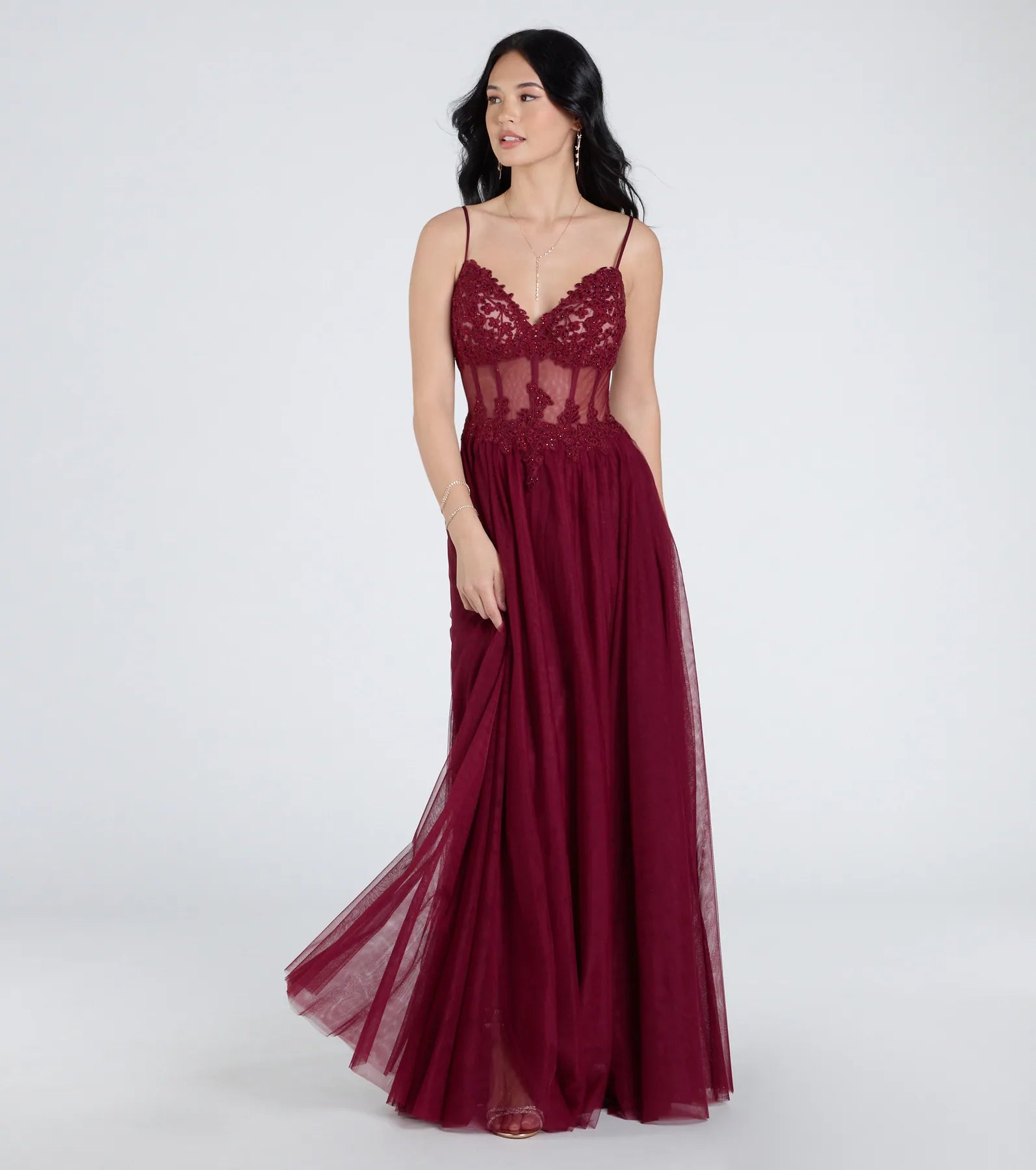 Fatima V-Neck Embroidered A-Line Tulle Dress - WINE