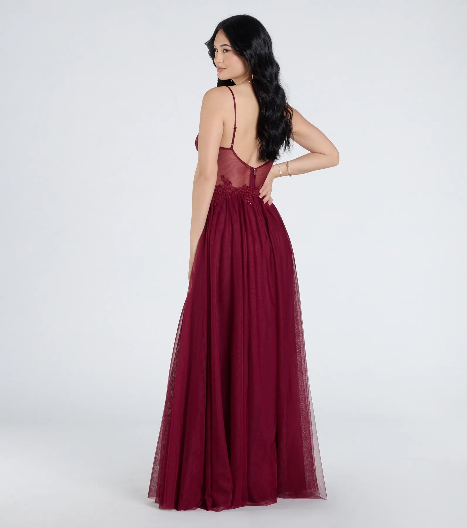 Fatima V-Neck Embroidered A-Line Tulle Dress - WINE
