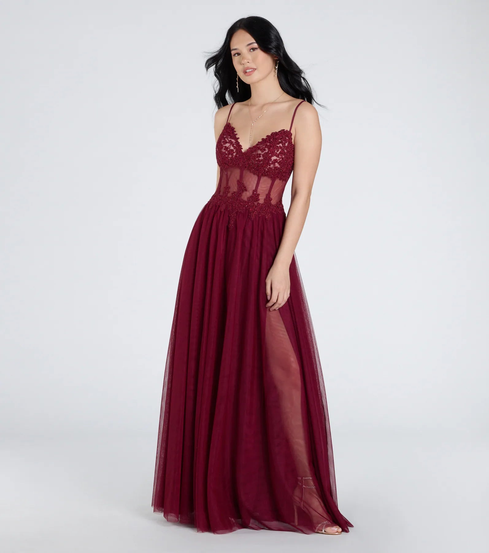 Fatima V-Neck Embroidered A-Line Tulle Dress - WINE