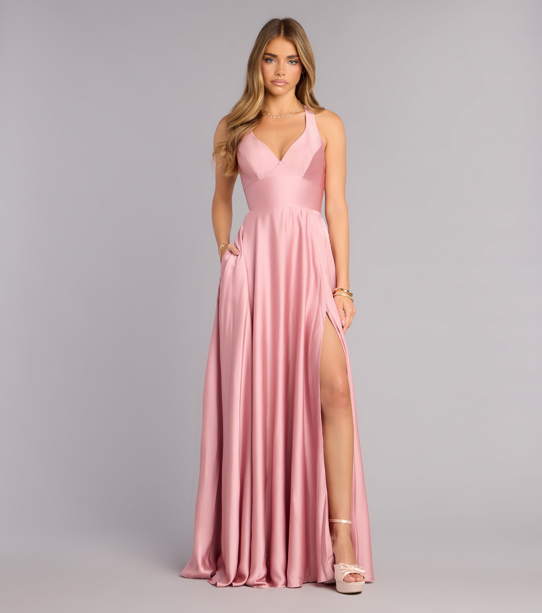 Abbey Lace-Up Slit A-Line Satin Formal Dress - ROSE