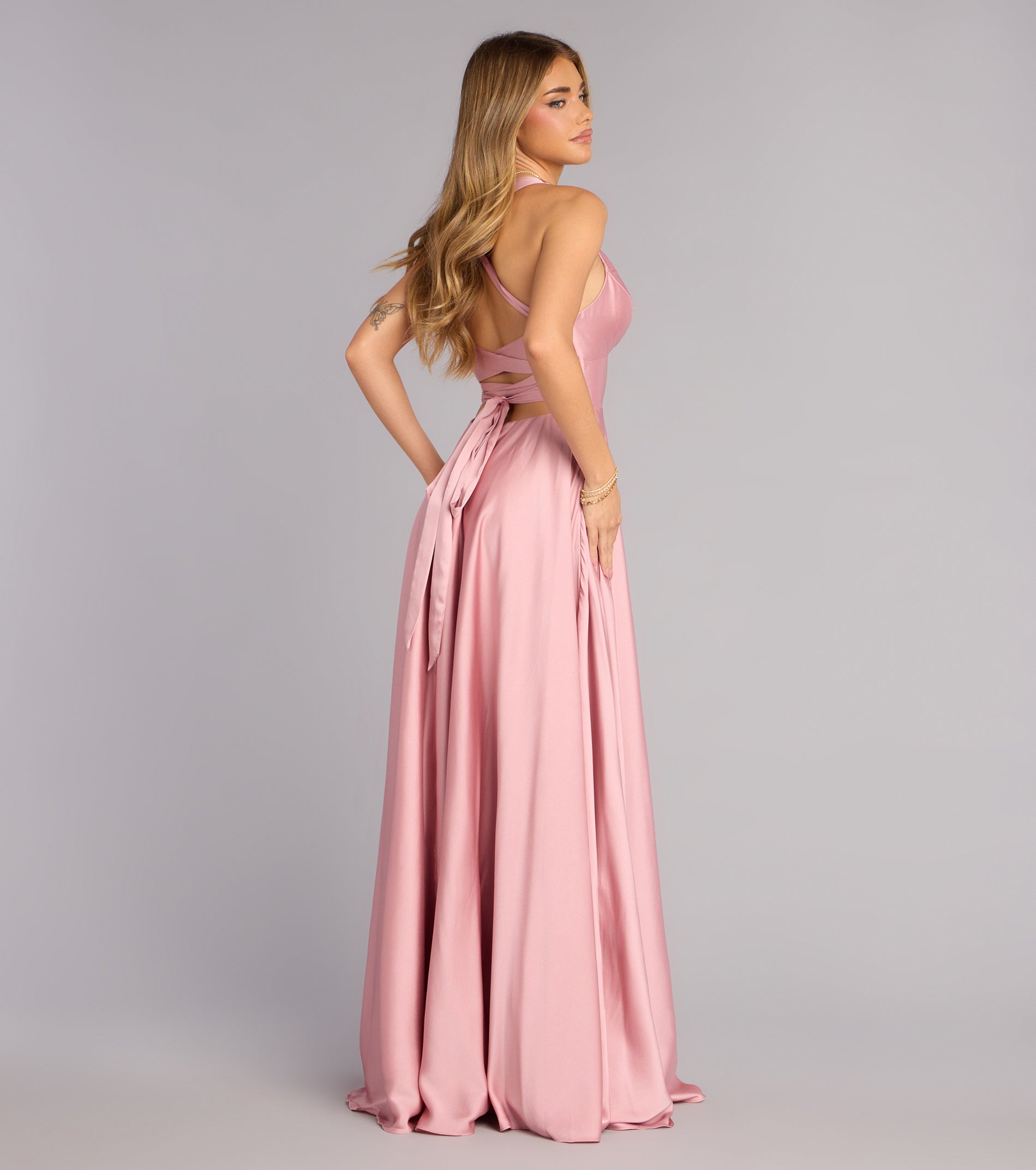Abbey Lace-Up Slit A-Line Satin Formal Dress - ROSE