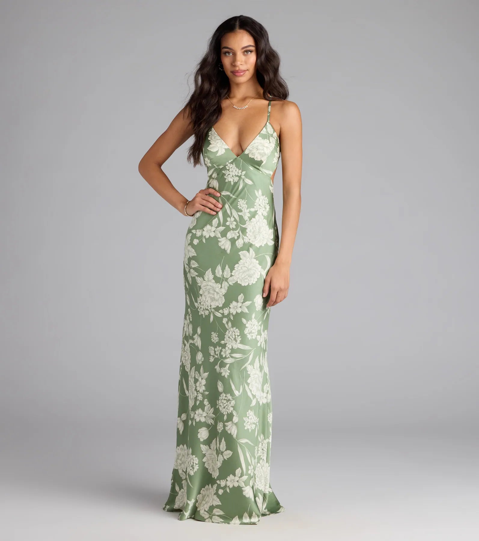 Daniella Lace-Up Floral Satin Formal Dress - SAGE