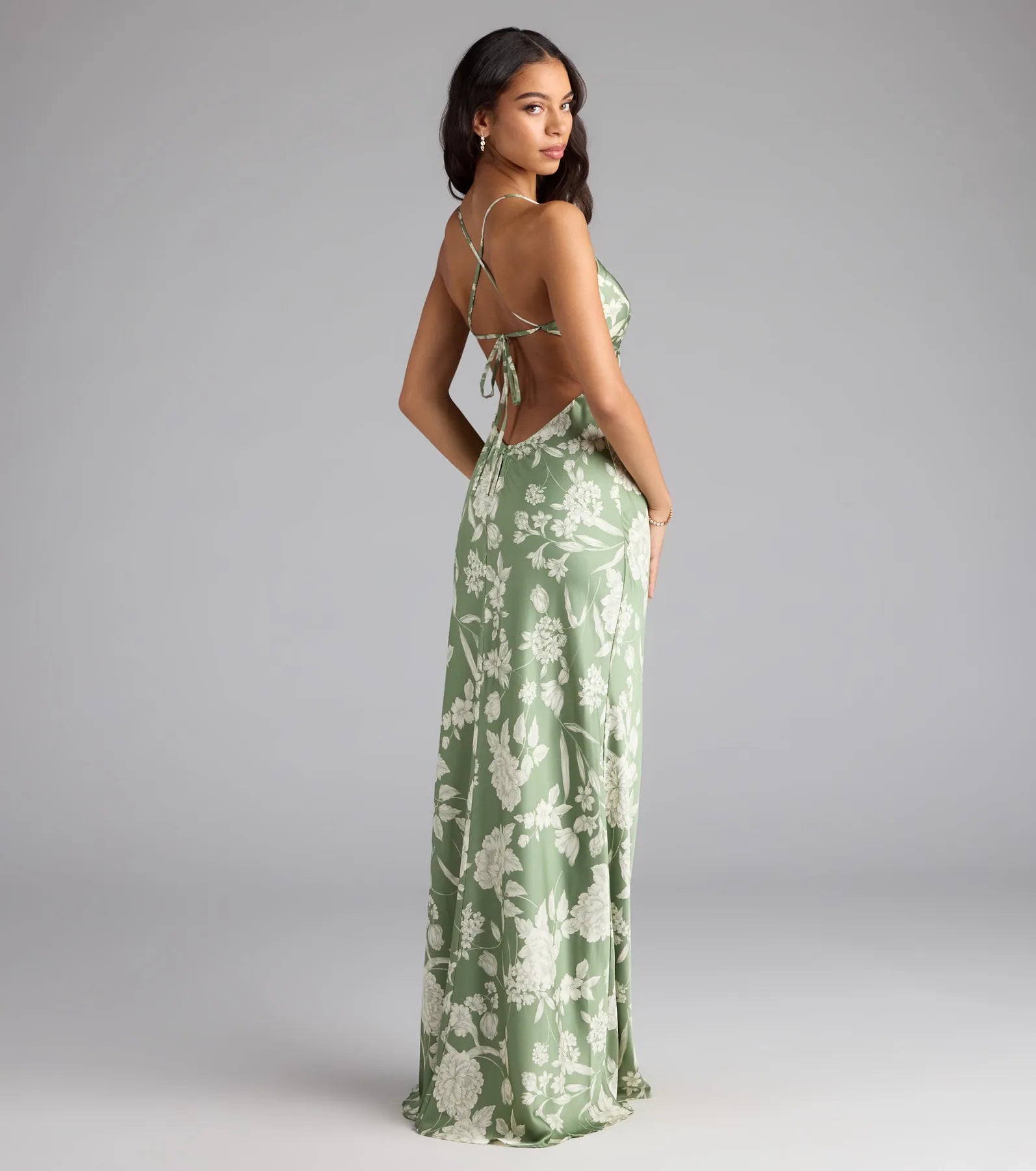 Daniella Lace-Up Floral Satin Formal Dress - SAGE