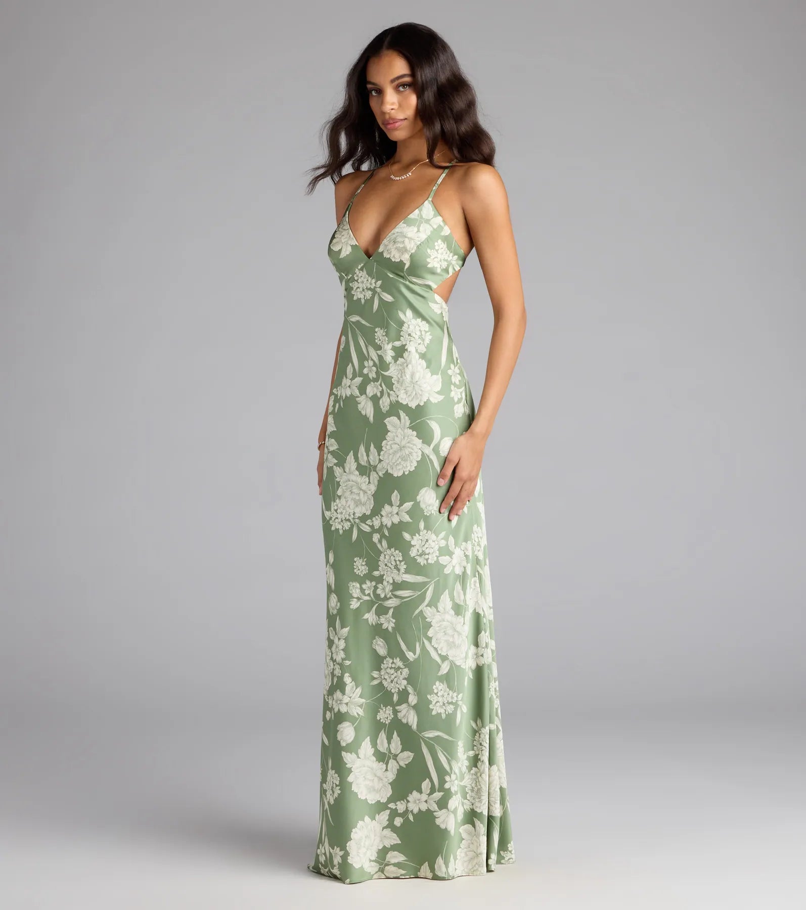 Daniella Lace-Up Floral Satin Formal Dress - SAGE