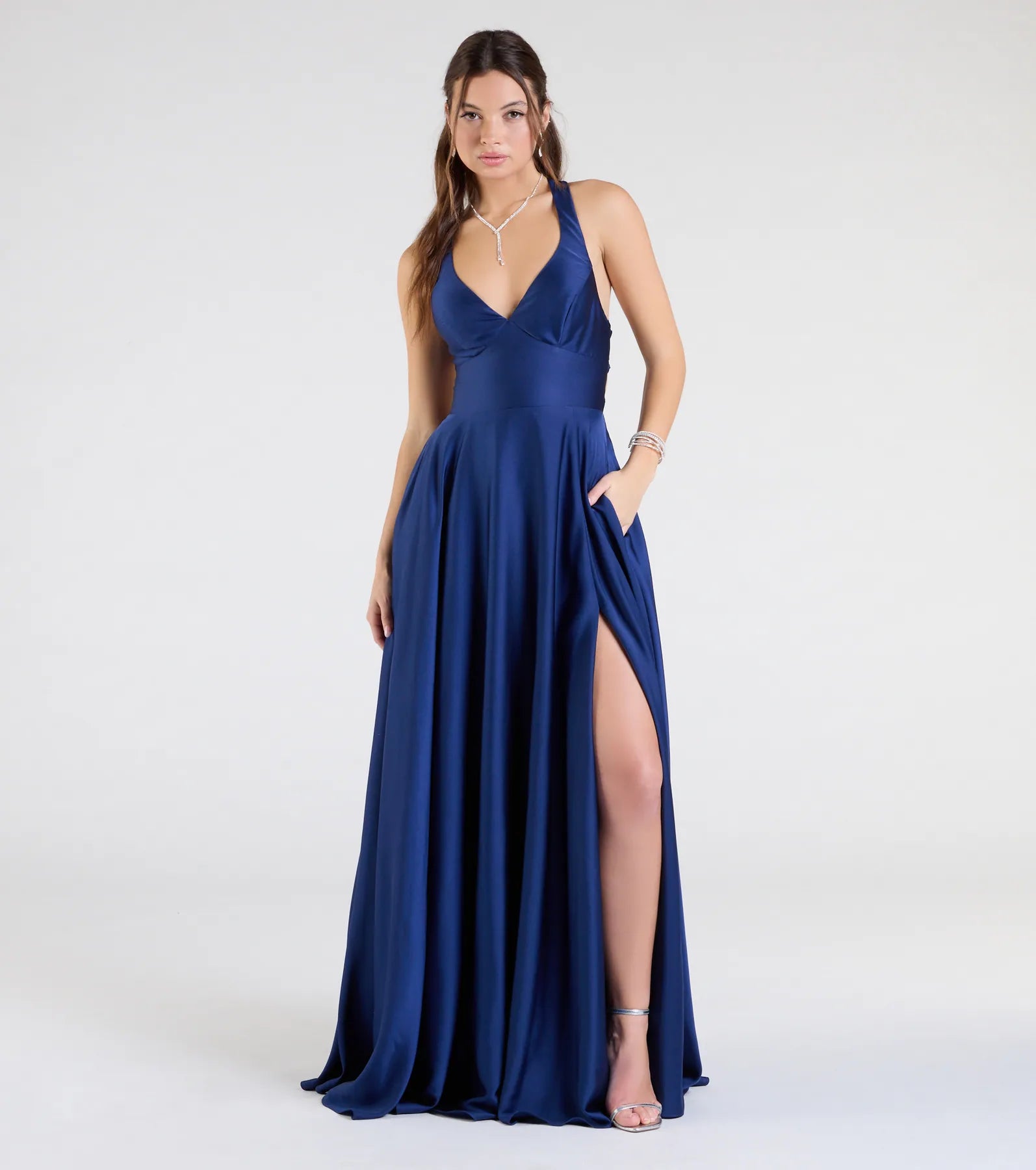 Abbey Lace-Up Slit A-Line Satin Formal Dress - NAVY