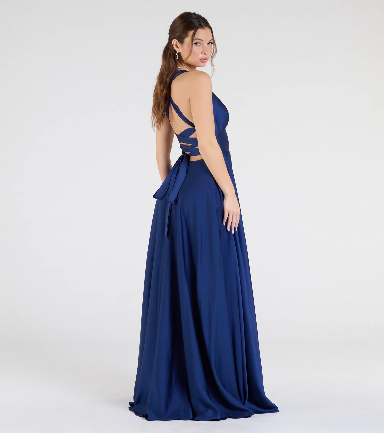 Abbey Lace-Up Slit A-Line Satin Formal Dress - NAVY