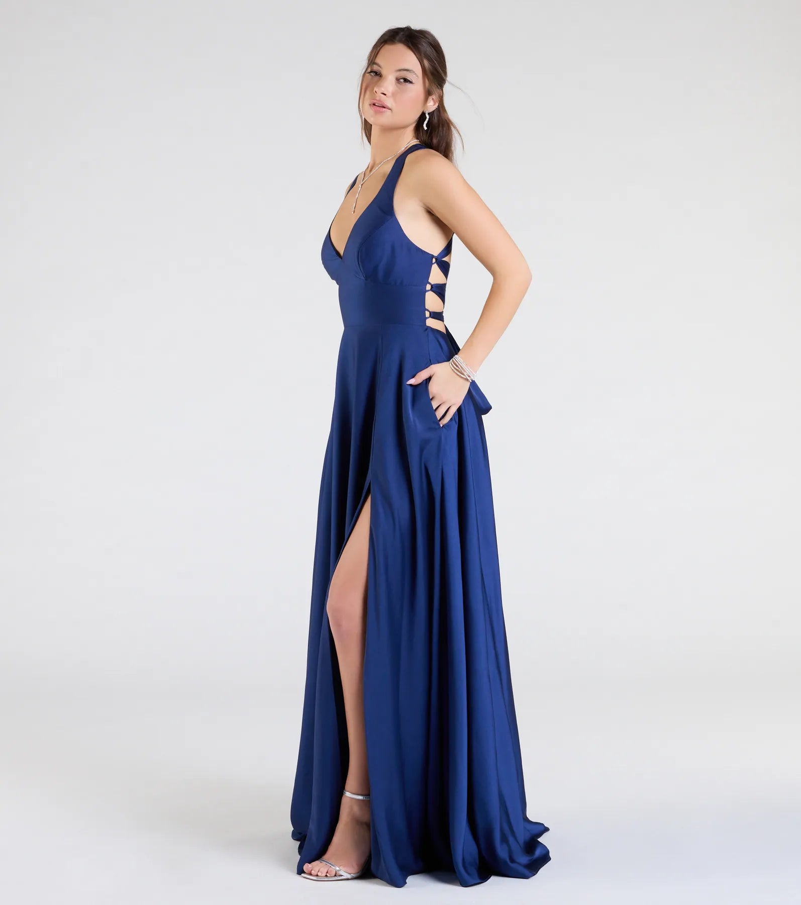 Abbey Lace-Up Slit A-Line Satin Formal Dress - NAVY