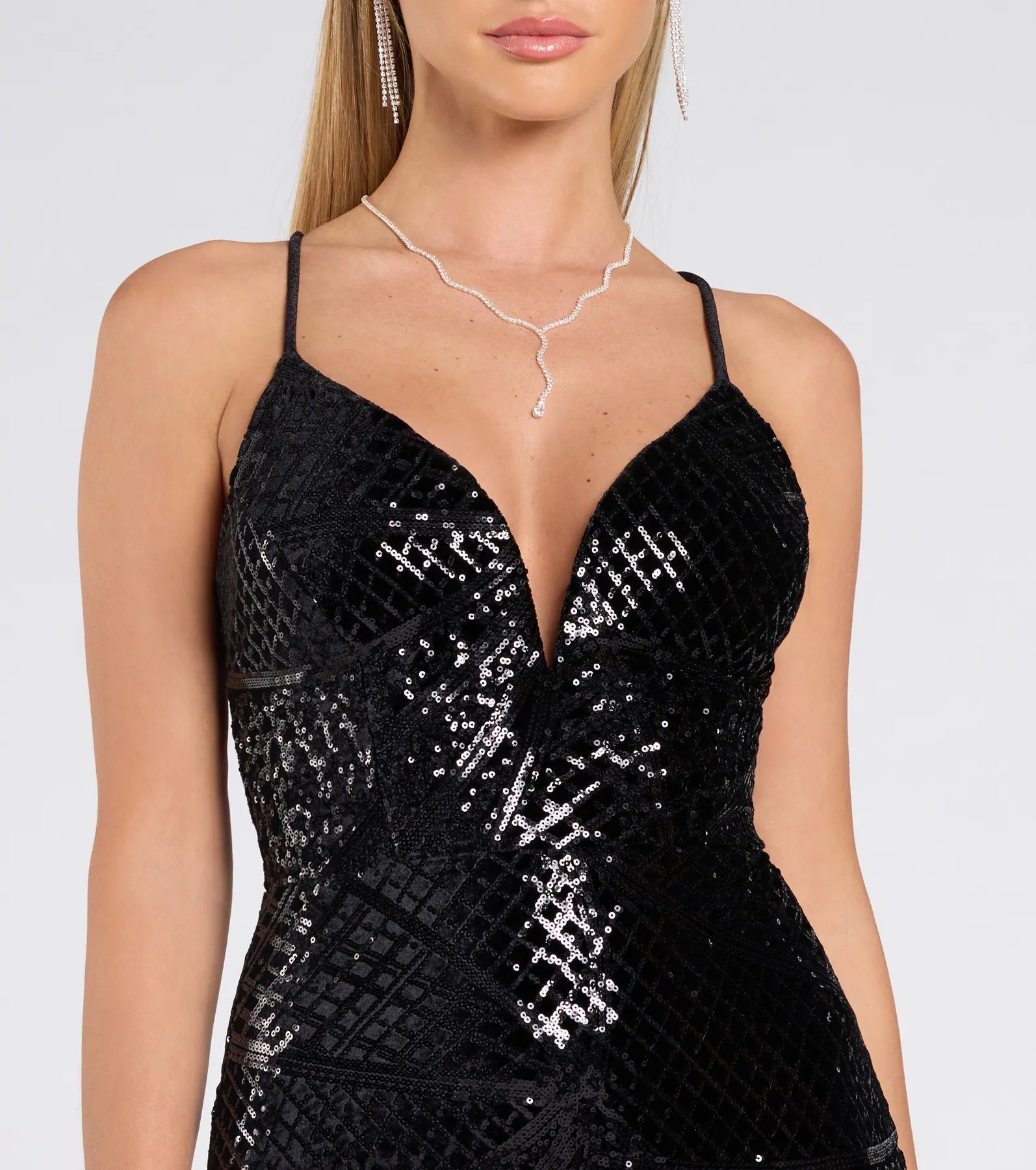 Bethany Lace-Up Slit Bodycon Sequin Formal Dress - BLACK