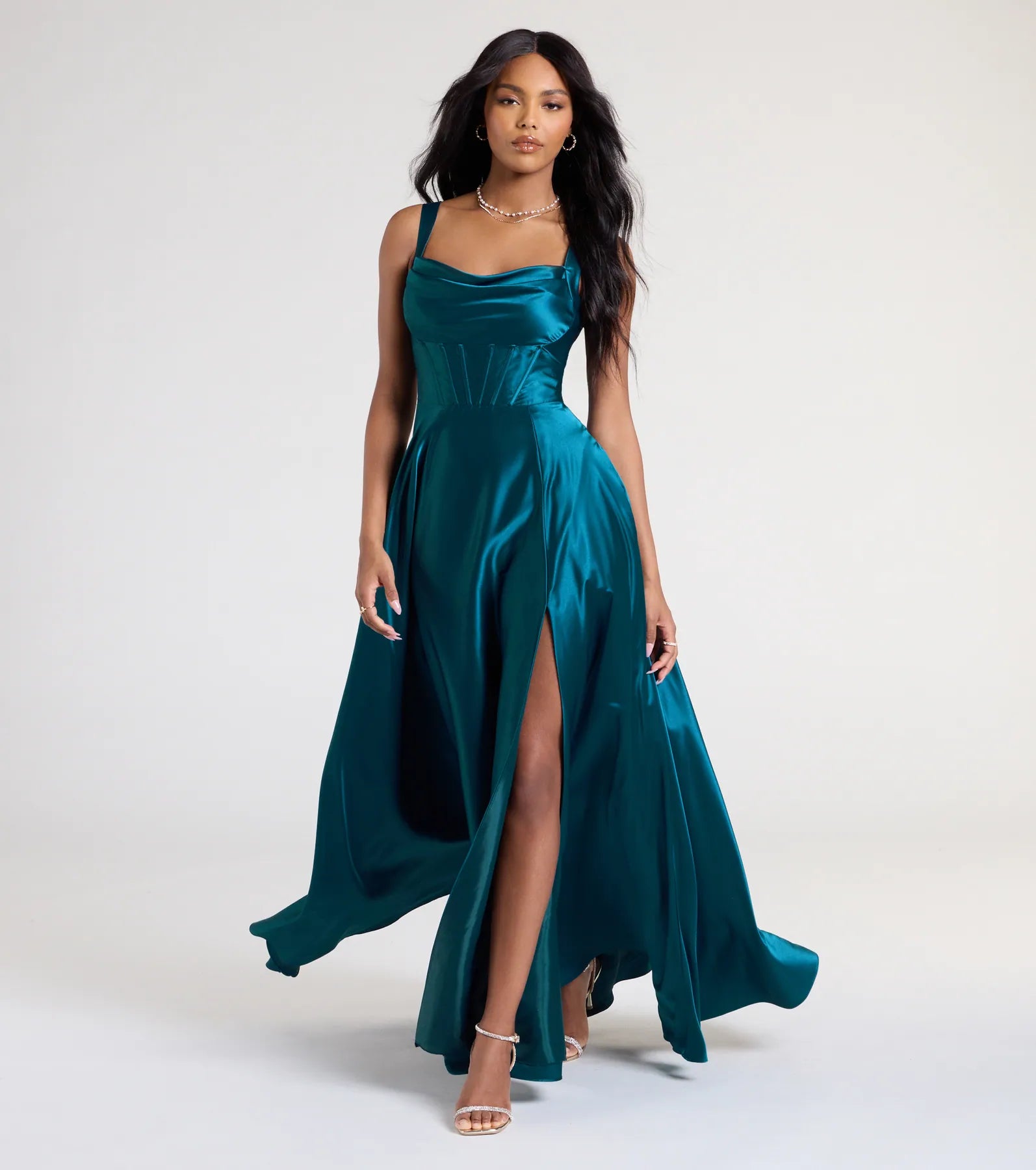 Lelia Cowl Neck Slit A-Line Satin Formal Dress - TEAL