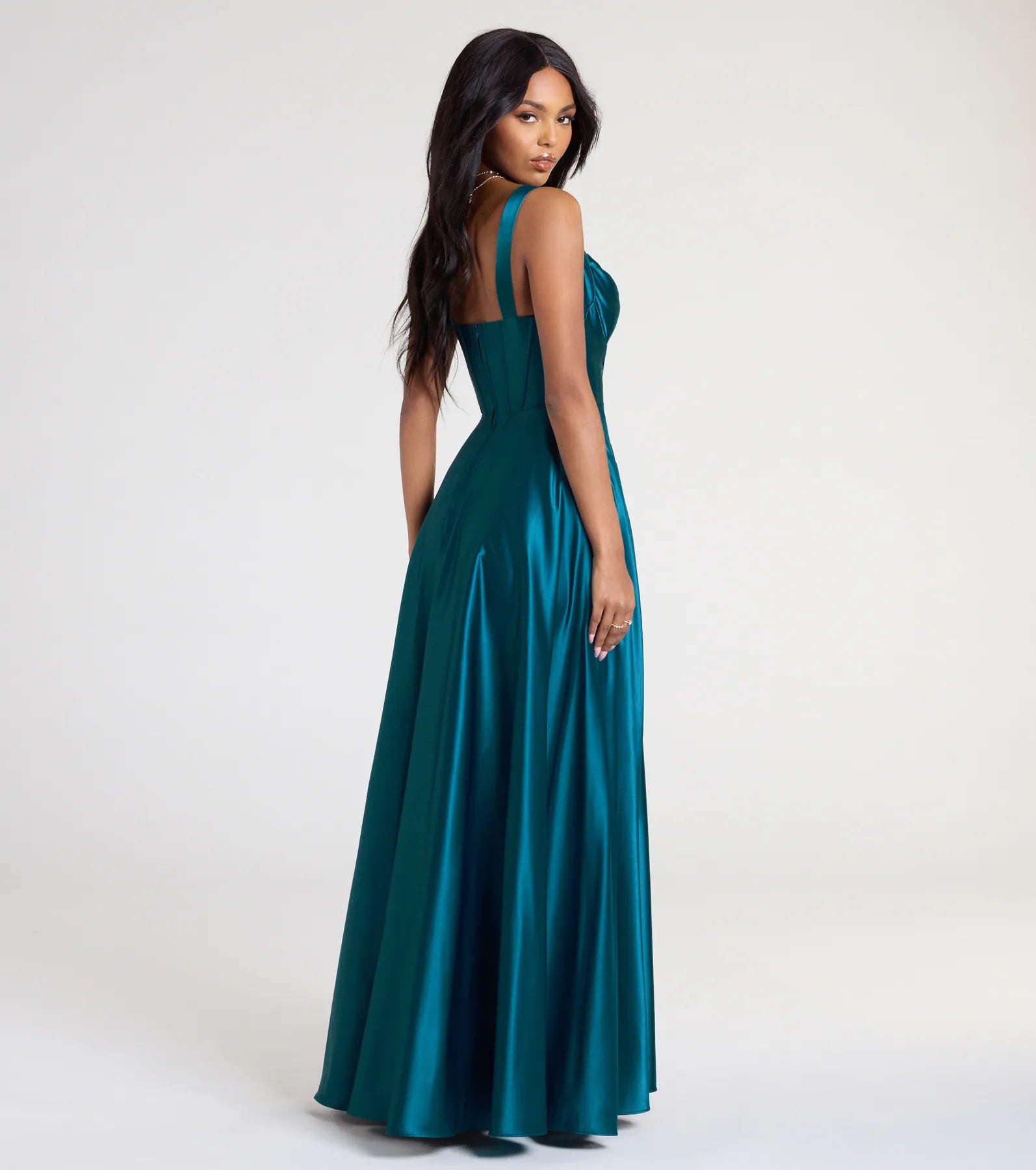 Lelia Cowl Neck Slit A-Line Satin Formal Dress - TEAL