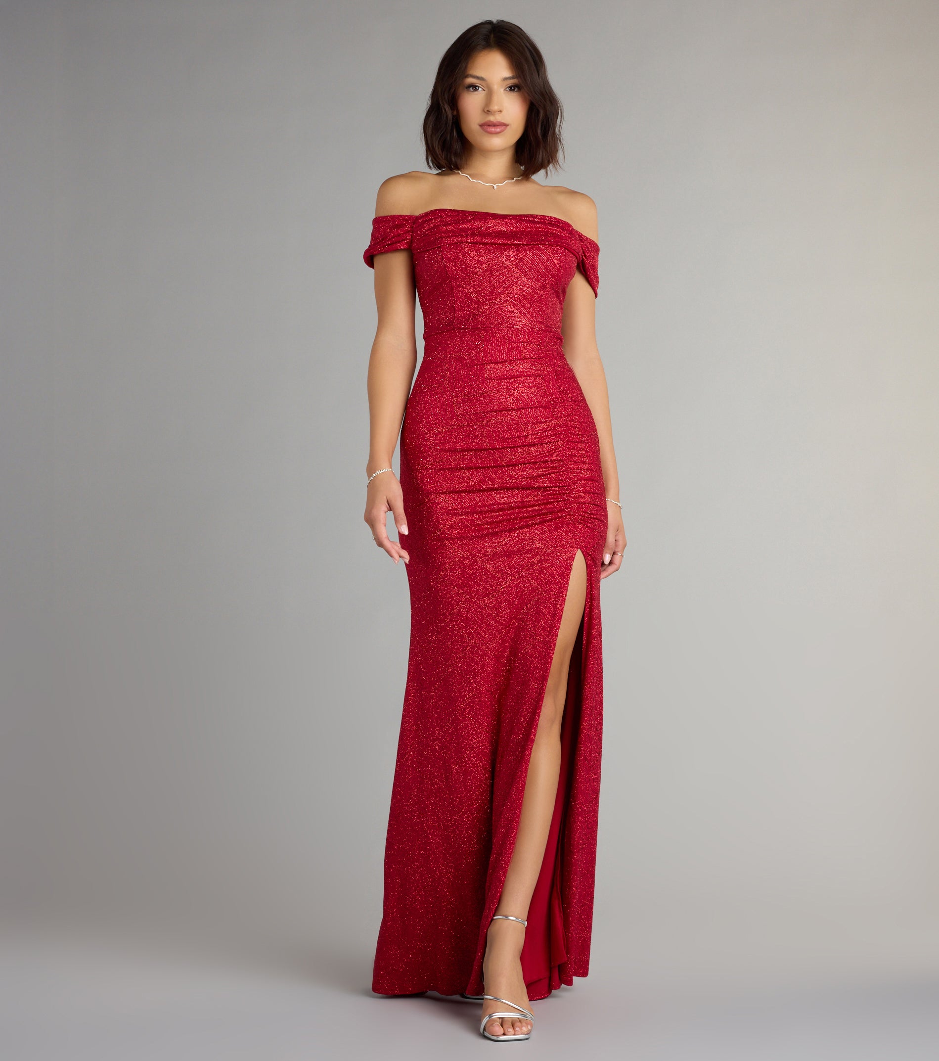 Alina Glitter Off-The-Shoulder Mermaid Formal Dress - RED