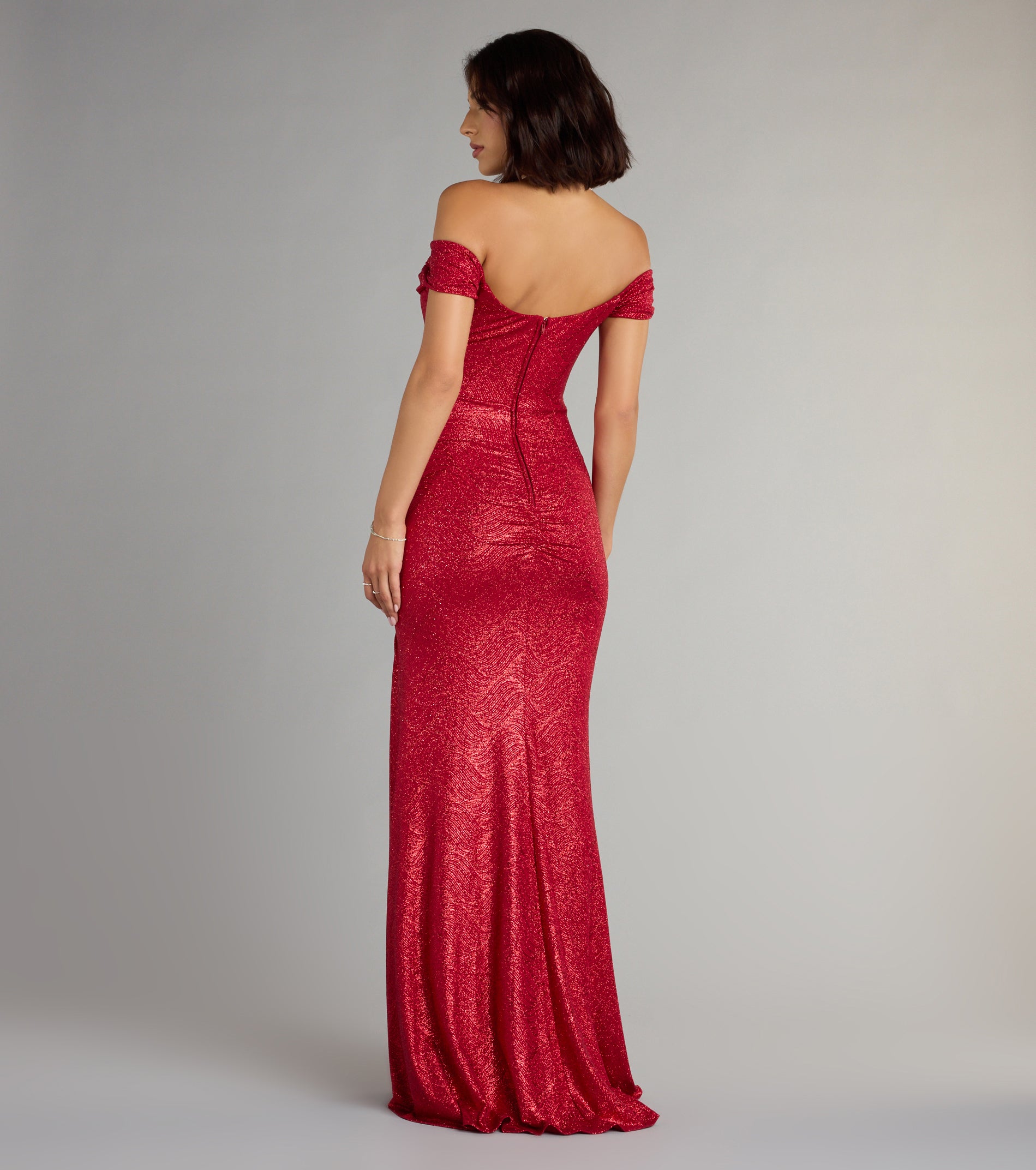 Alina Glitter Off-The-Shoulder Mermaid Formal Dress - RED