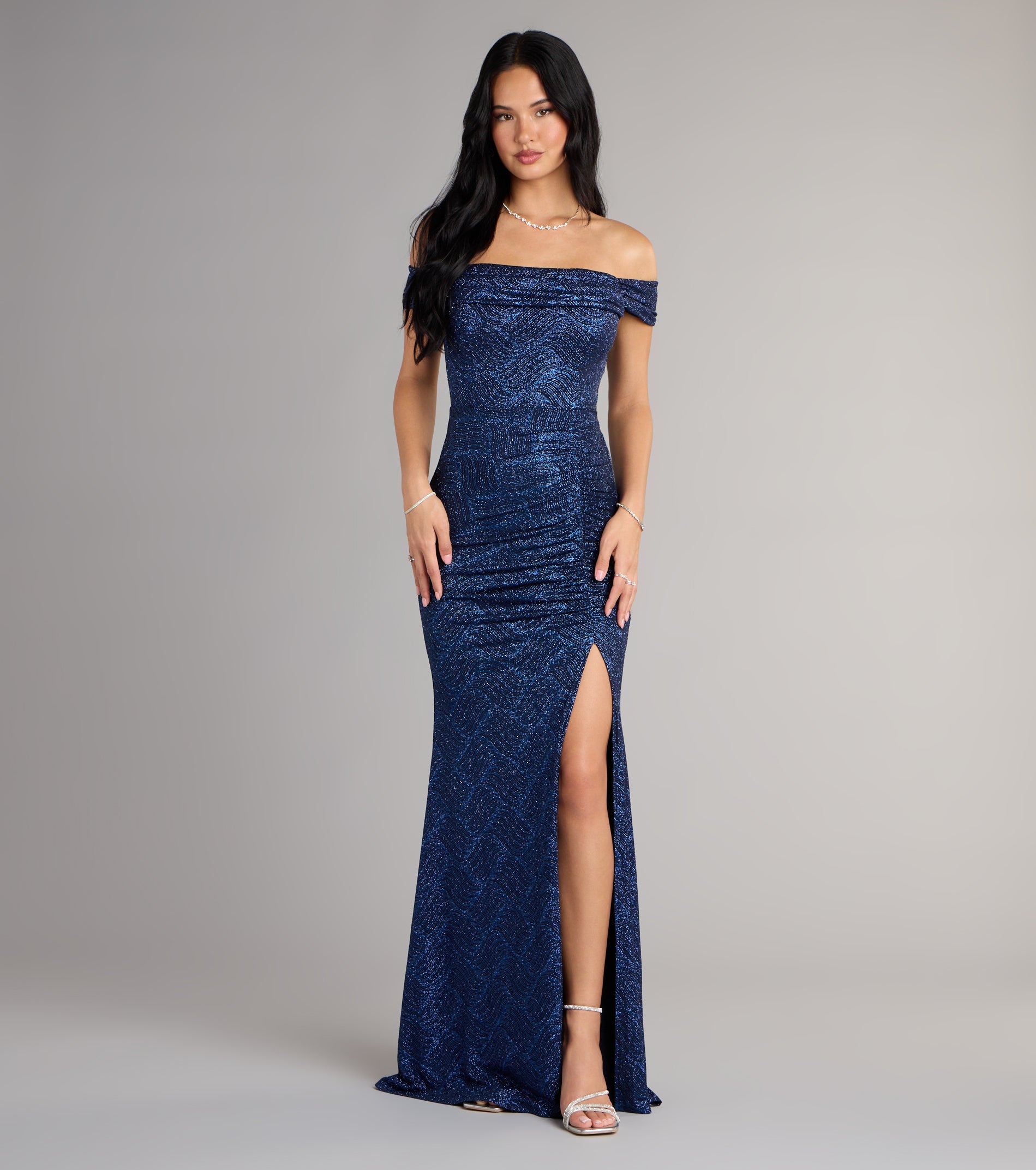 Alina Glitter Off-The-Shoulder Mermaid Formal Dress - NAVY