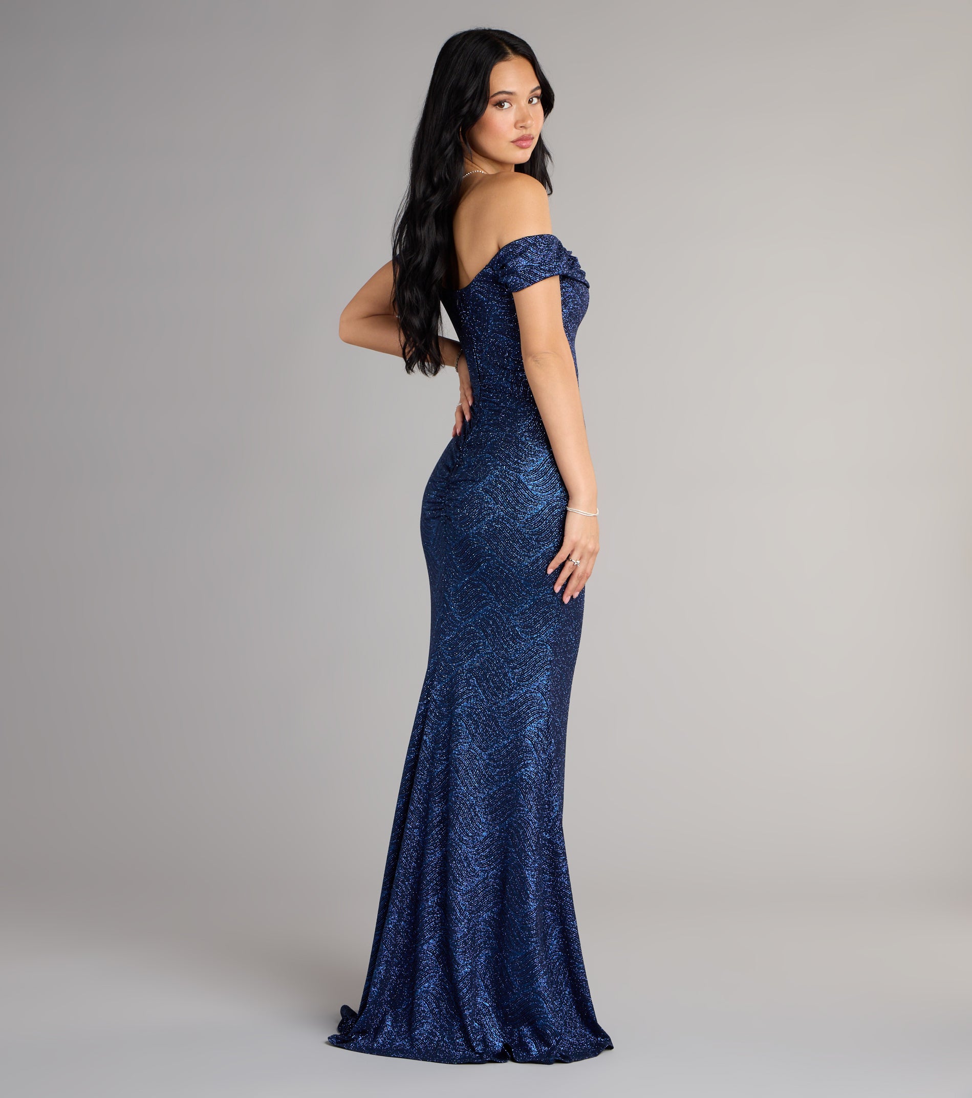 Alina Glitter Off-The-Shoulder Mermaid Formal Dress - NAVY
