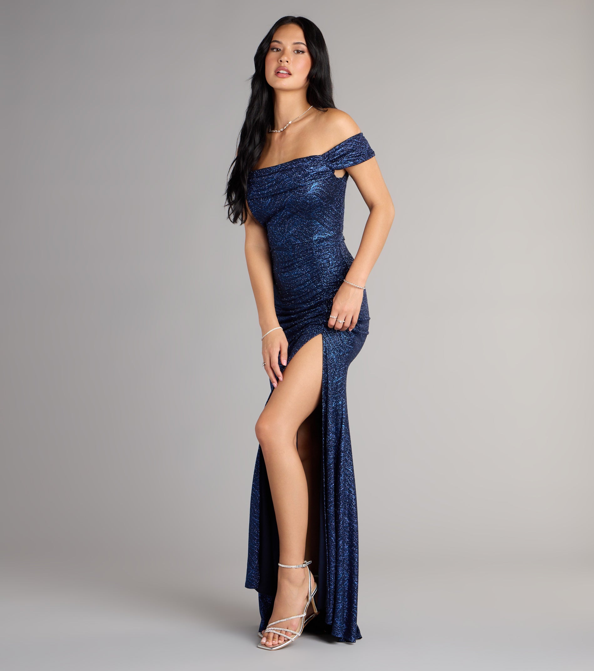 Alina Glitter Off-The-Shoulder Mermaid Formal Dress - NAVY