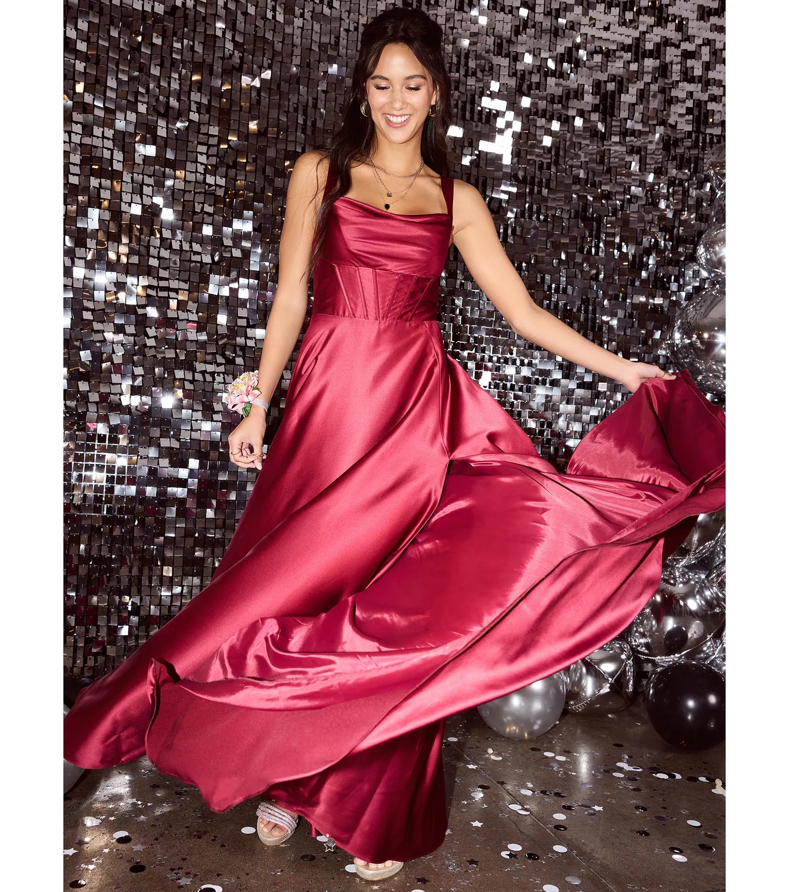 Daphne Corset Slit A-Line Satin Formal Dress - BURGUNDY