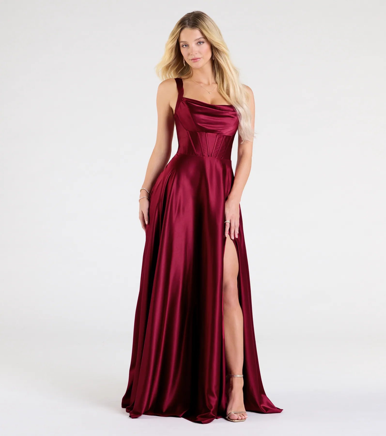 Daphne Corset Slit A-Line Satin Formal Dress - BURGUNDY