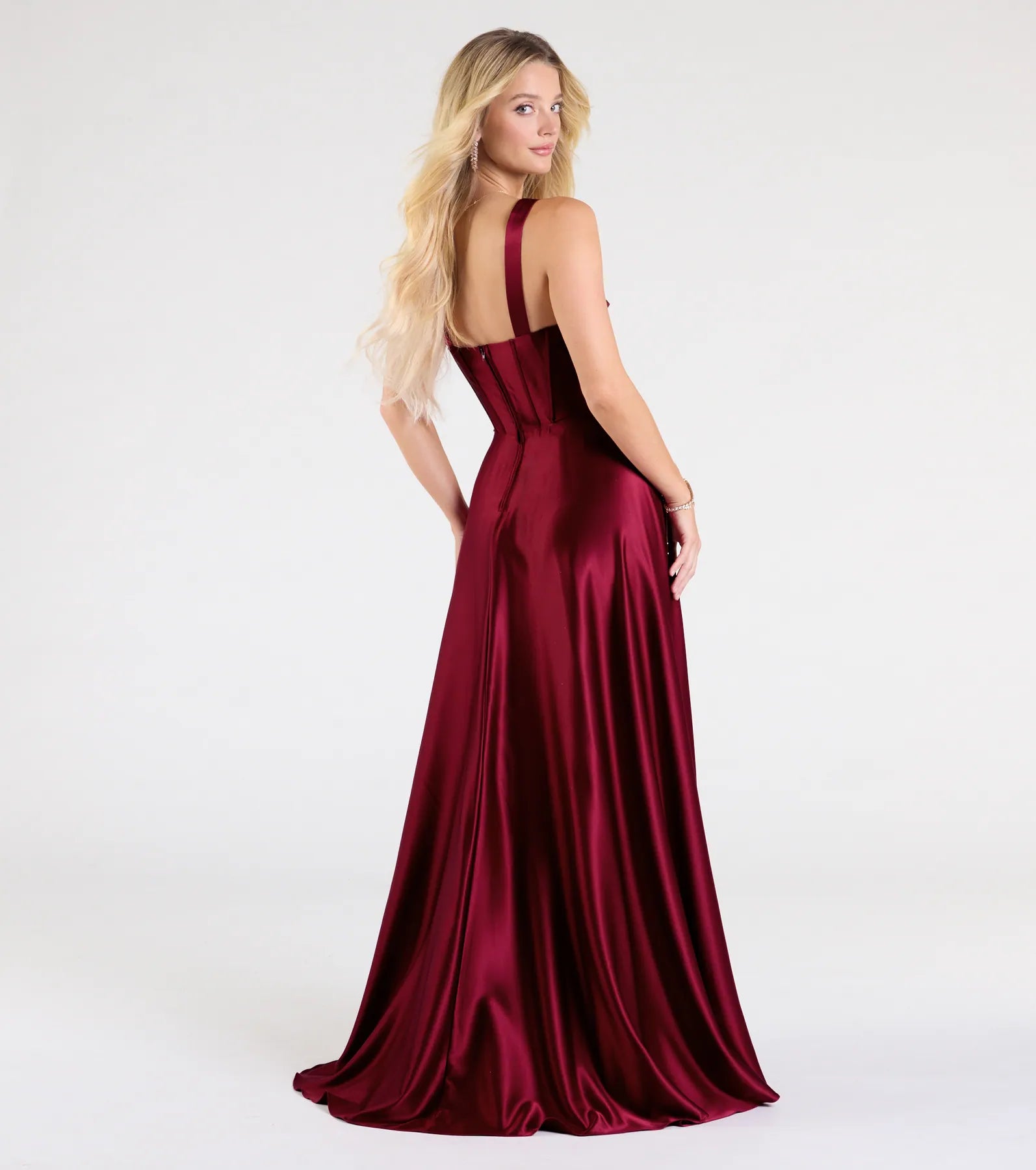 Daphne Corset Slit A-Line Satin Formal Dress - BURGUNDY