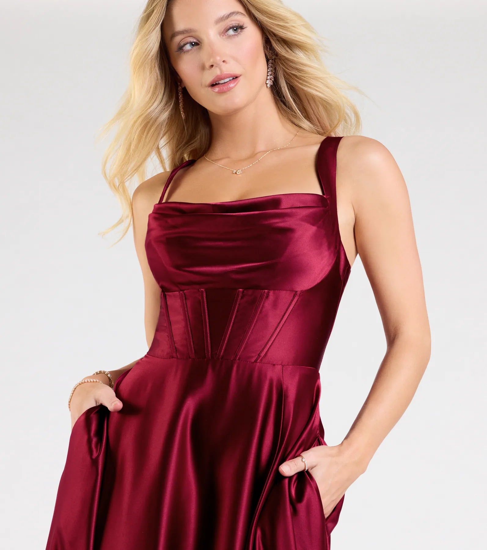 Daphne Corset Slit A-Line Satin Formal Dress - BURGUNDY