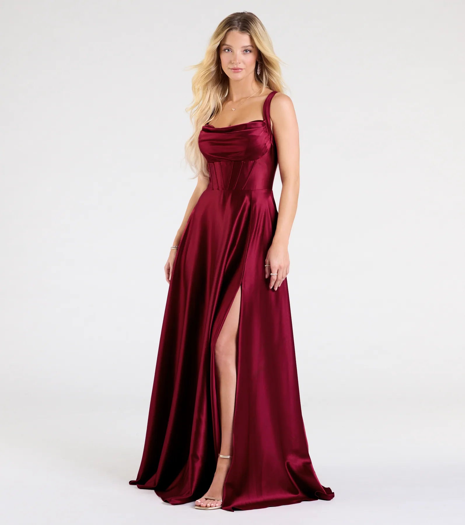 Daphne Corset Slit A-Line Satin Formal Dress - BURGUNDY