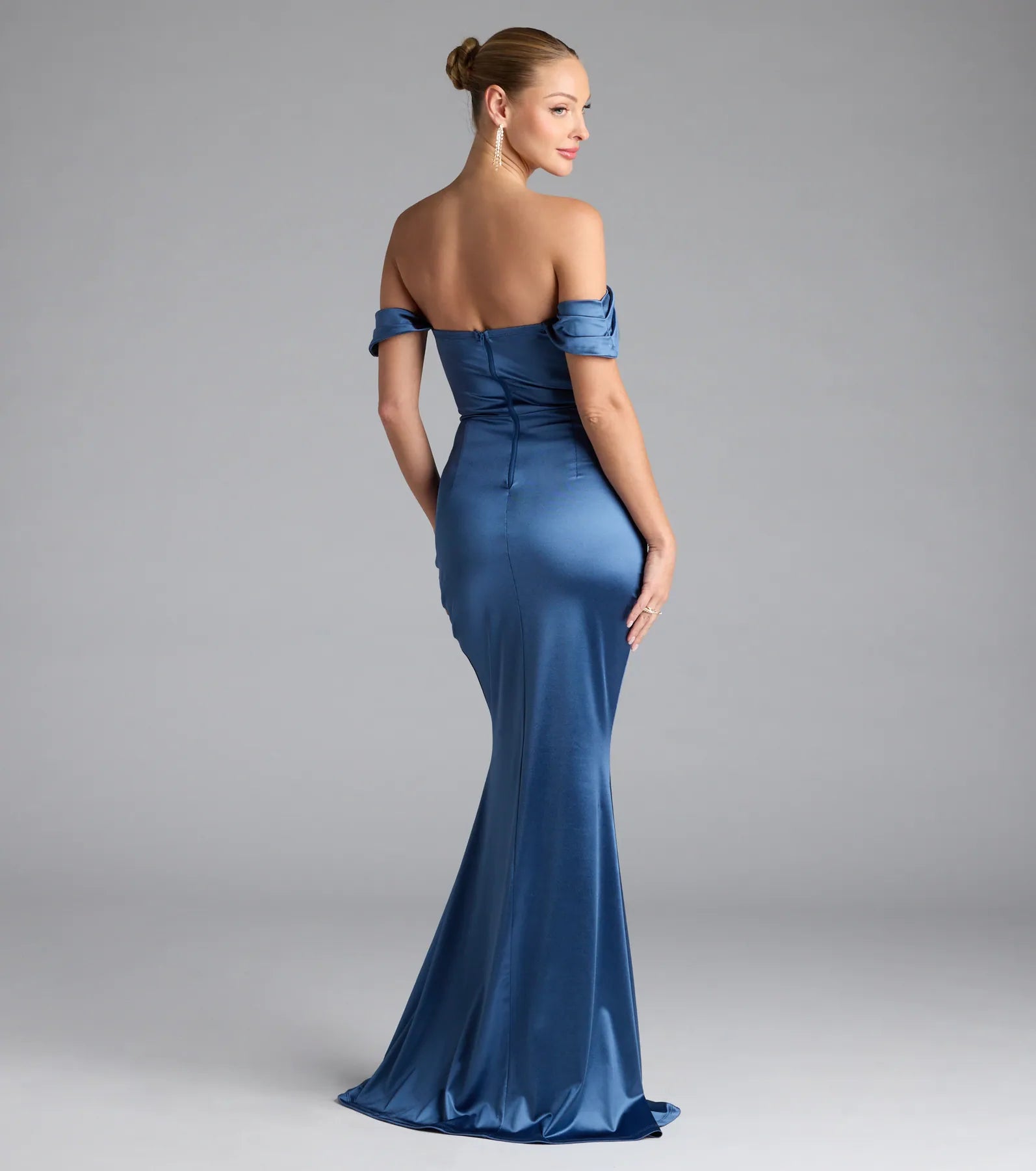 Belinda Off-The-Shoulder Slit Satin Formal Dress - DENIM