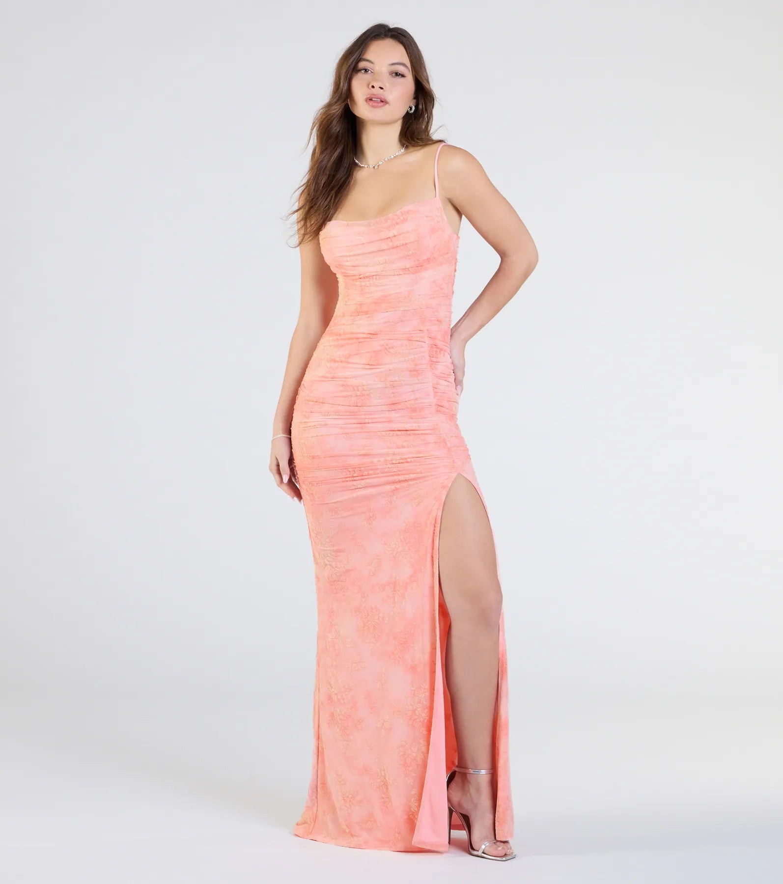 Kristina Floral Velvet Slit Formal Dress - BLUSH