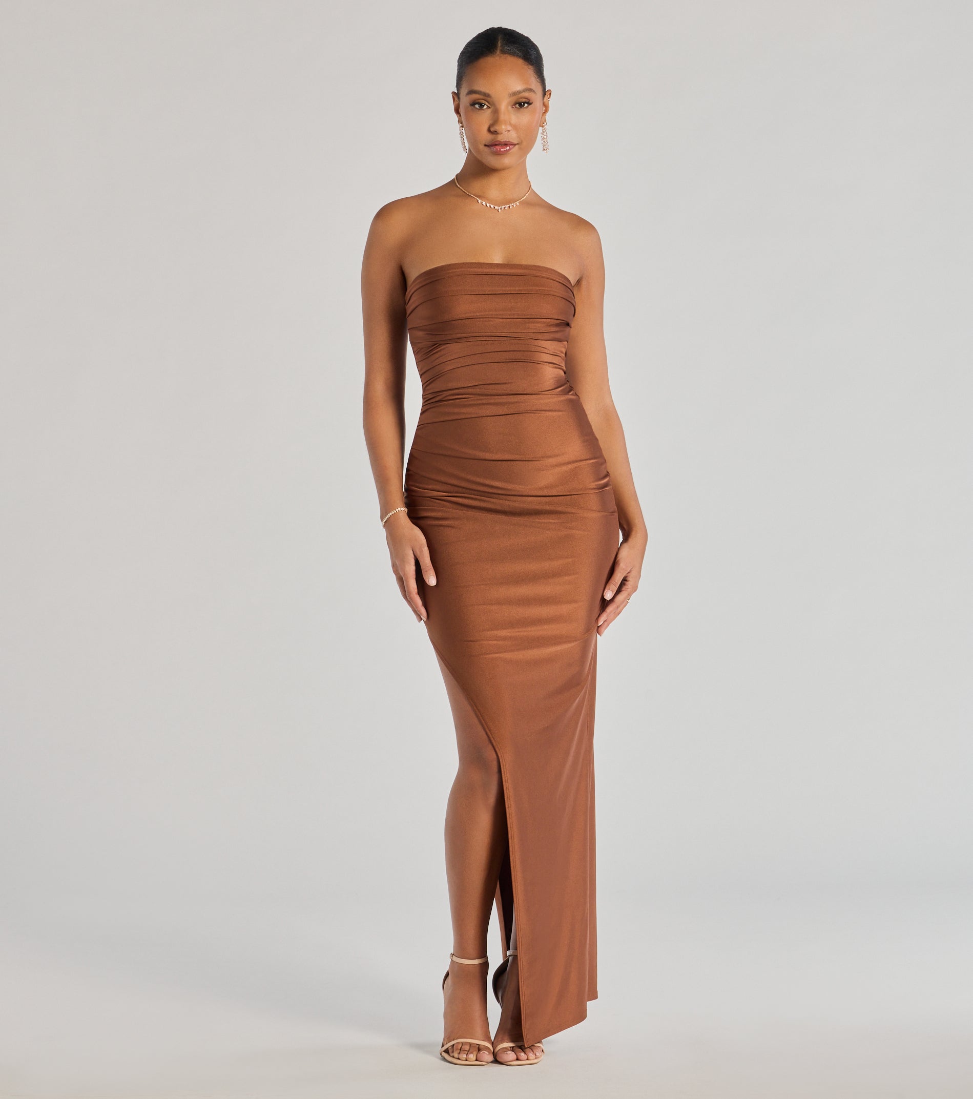 Anisley Strapless High Slit Column Formal Dress - BROWN
