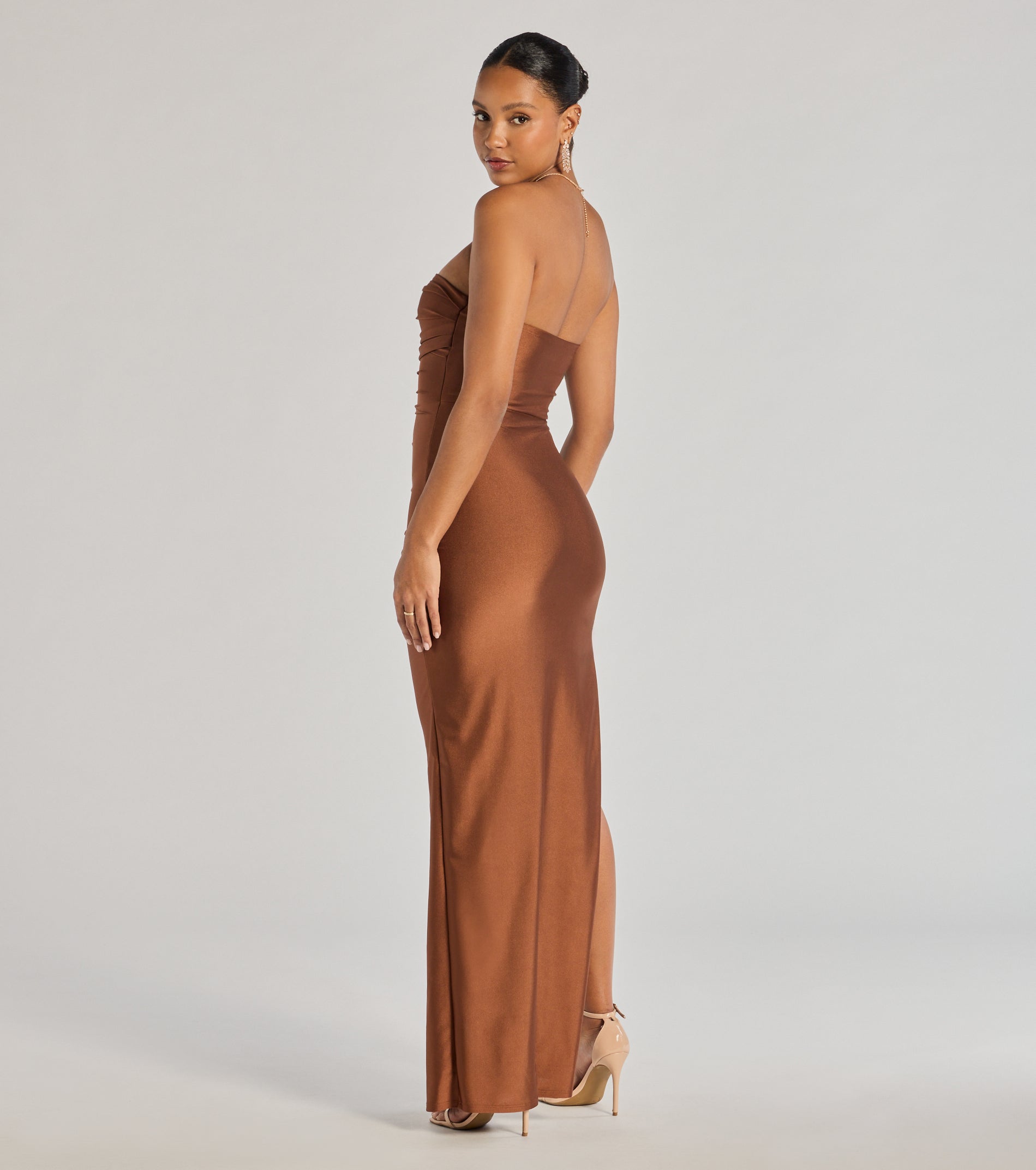 Anisley Strapless High Slit Column Formal Dress - BROWN