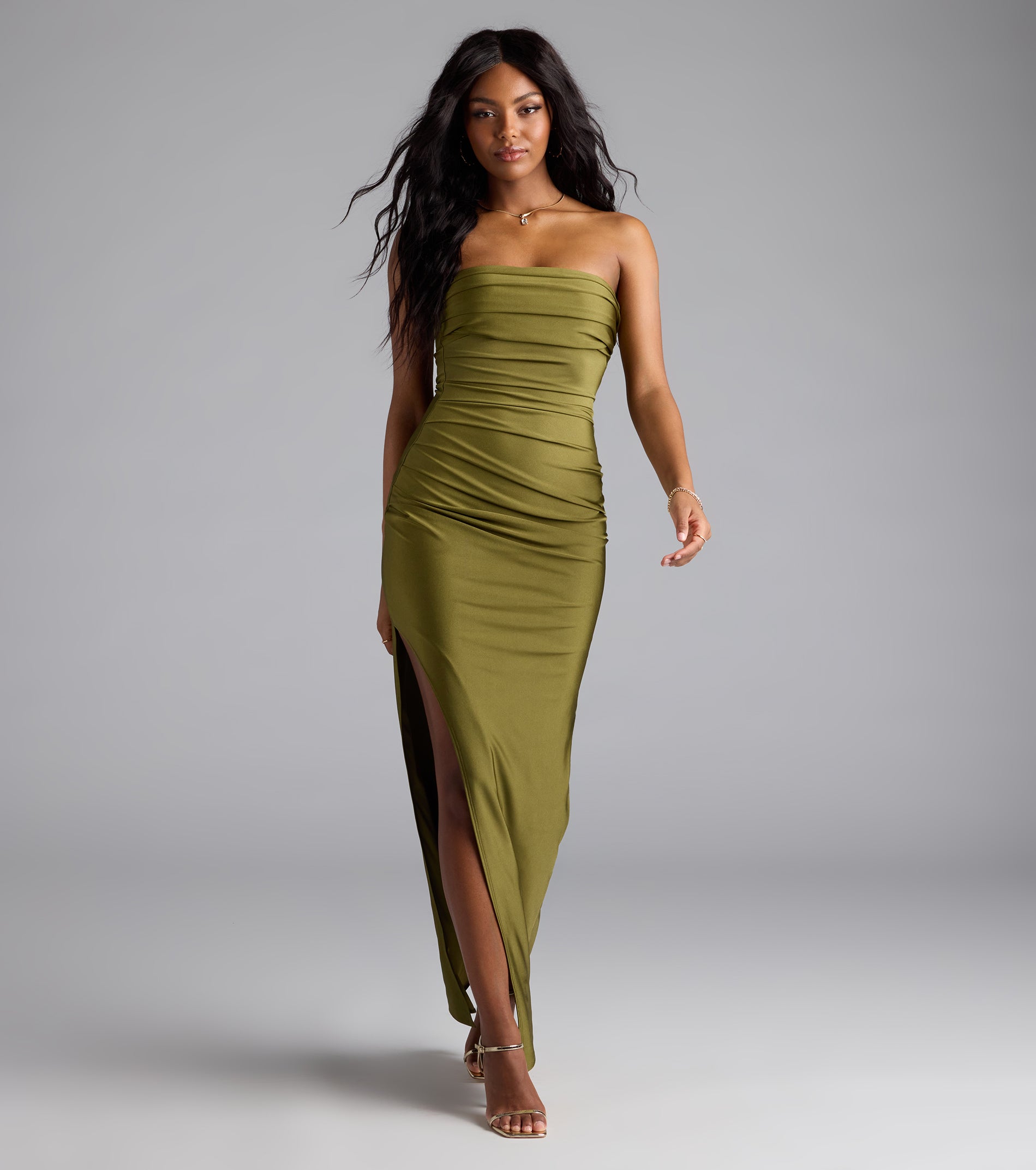 Anisley Strapless High Slit Column Formal Dress - OLIVE