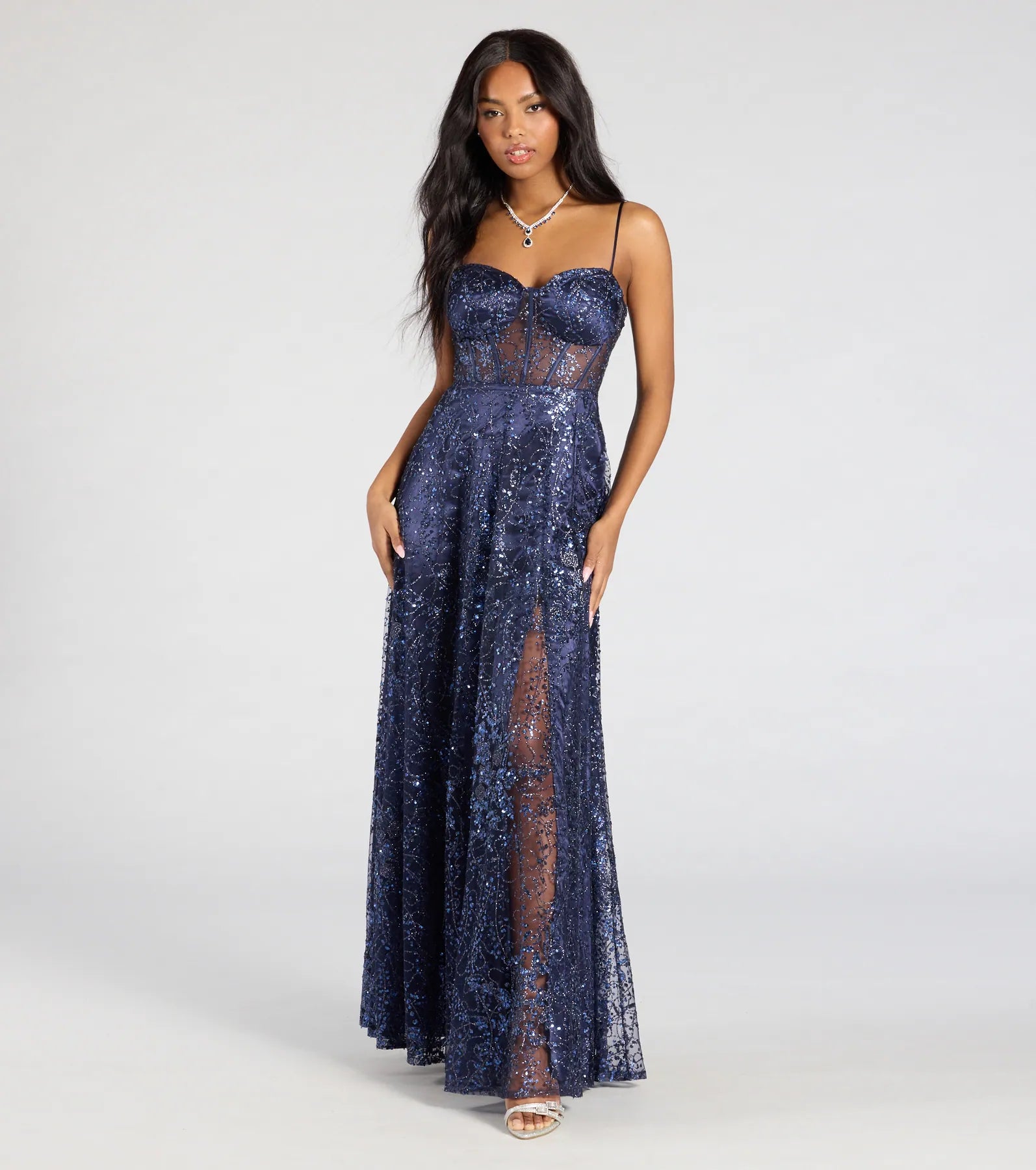 Lauren Sweetheart A-Line Glitter Sequin Dress - NAVY