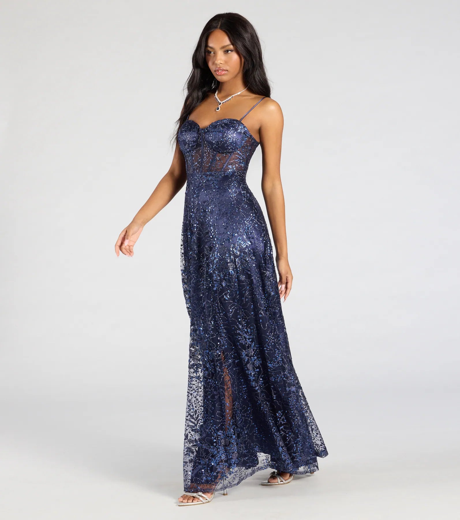 Lauren Sweetheart A-Line Glitter Sequin Dress - NAVY