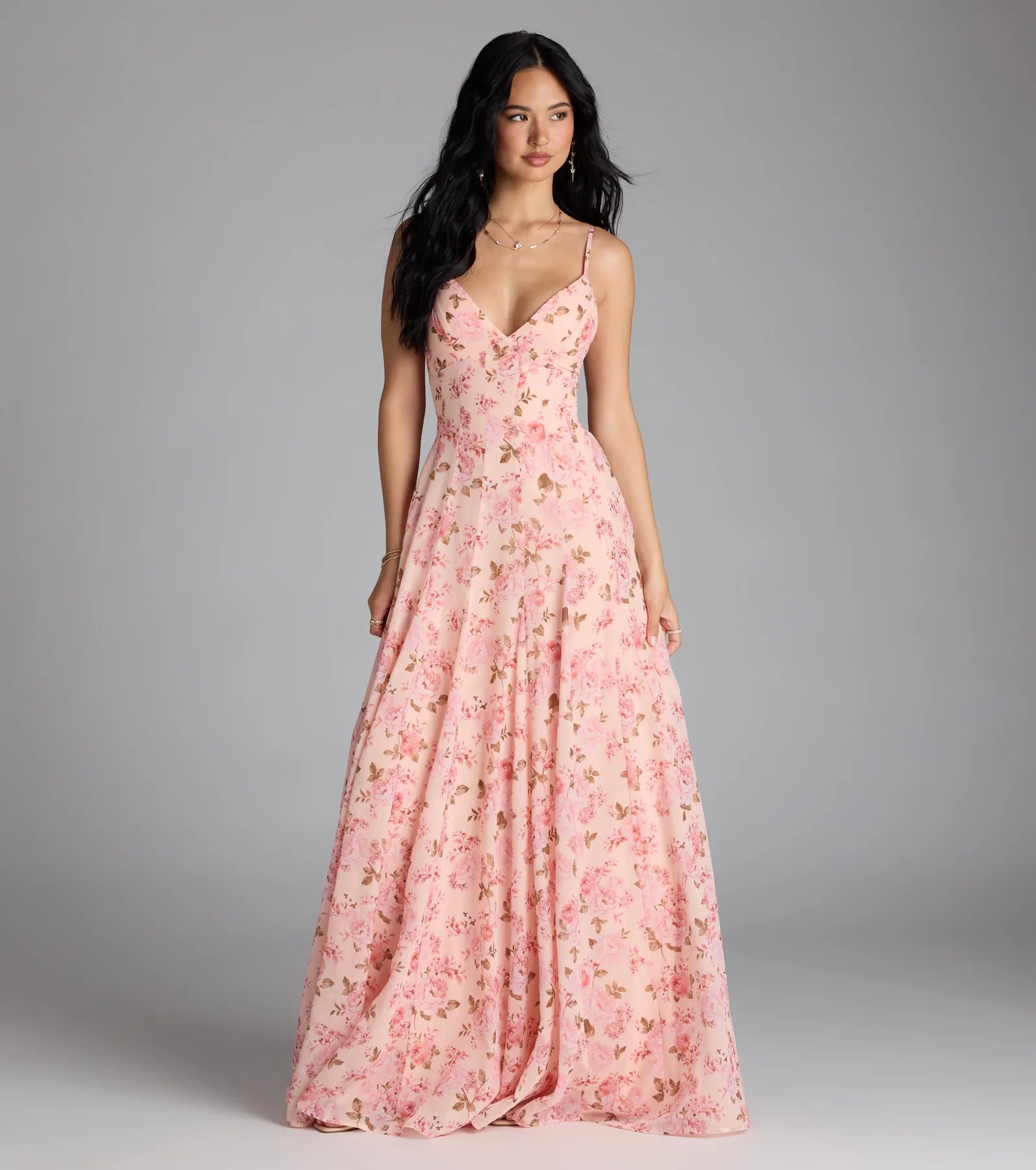 Ysabella Lace-Up A-Line Floral Chiffon Formal Dress - PEACH