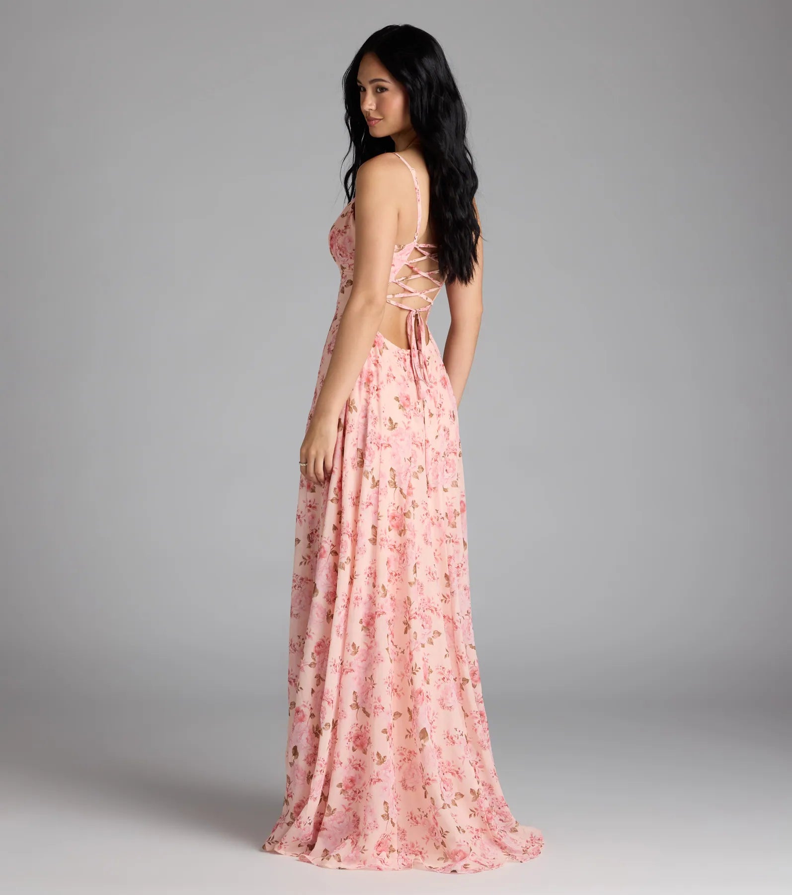 Ysabella Lace-Up A-Line Floral Chiffon Formal Dress - PEACH