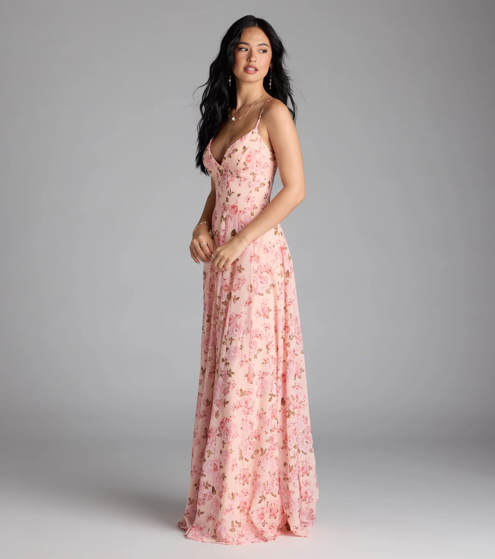 Ysabella Lace-Up A-Line Floral Chiffon Formal Dress - PEACH