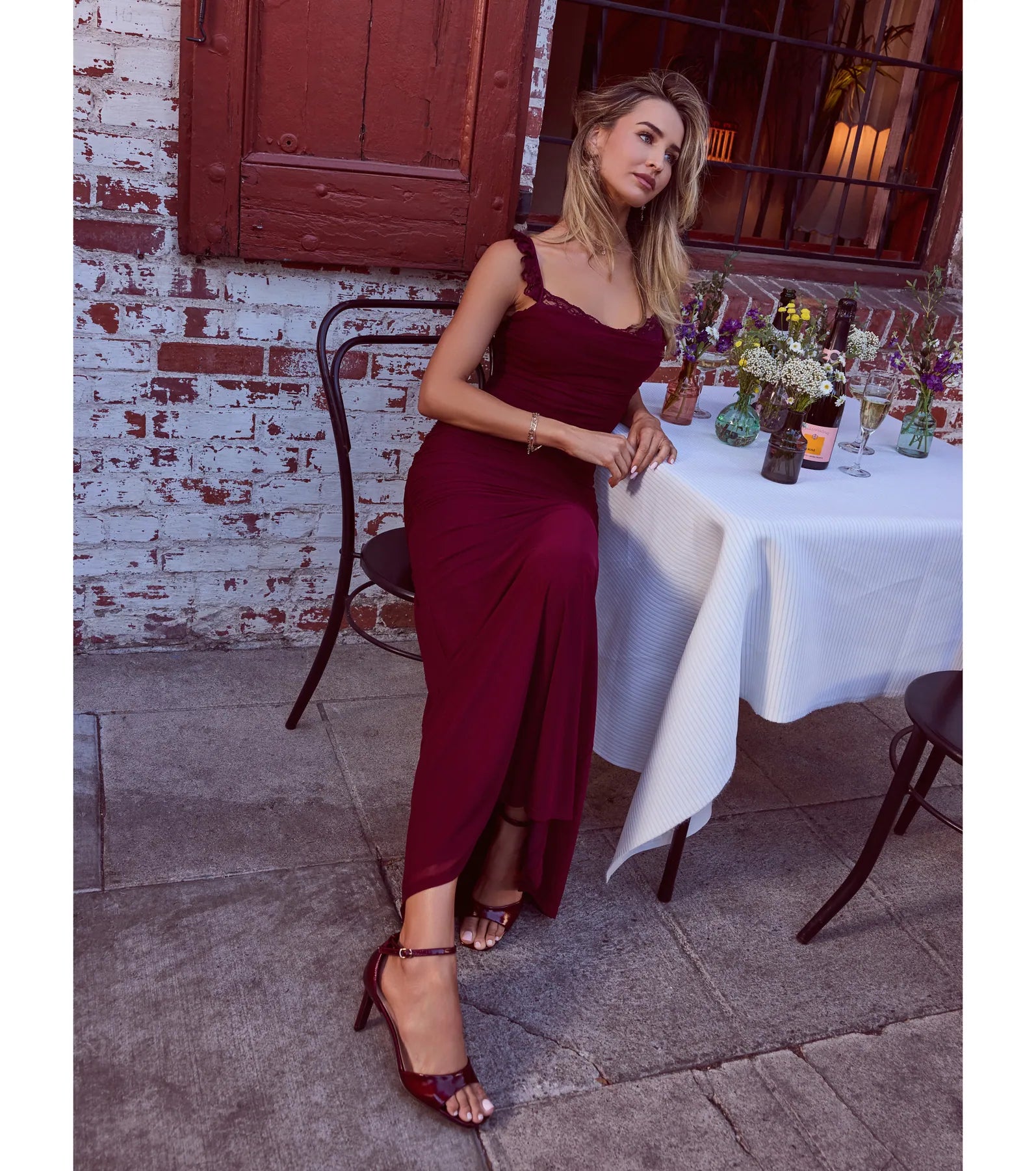 Morgana Lace-Up Ruched Mermaid Dress - BURGUNDY