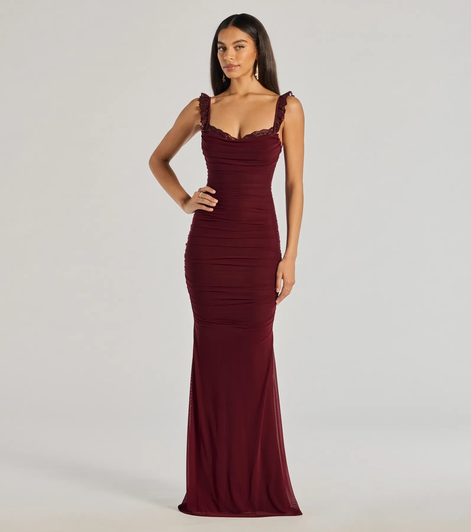 Morgana Lace-Up Ruched Mermaid Dress - BURGUNDY