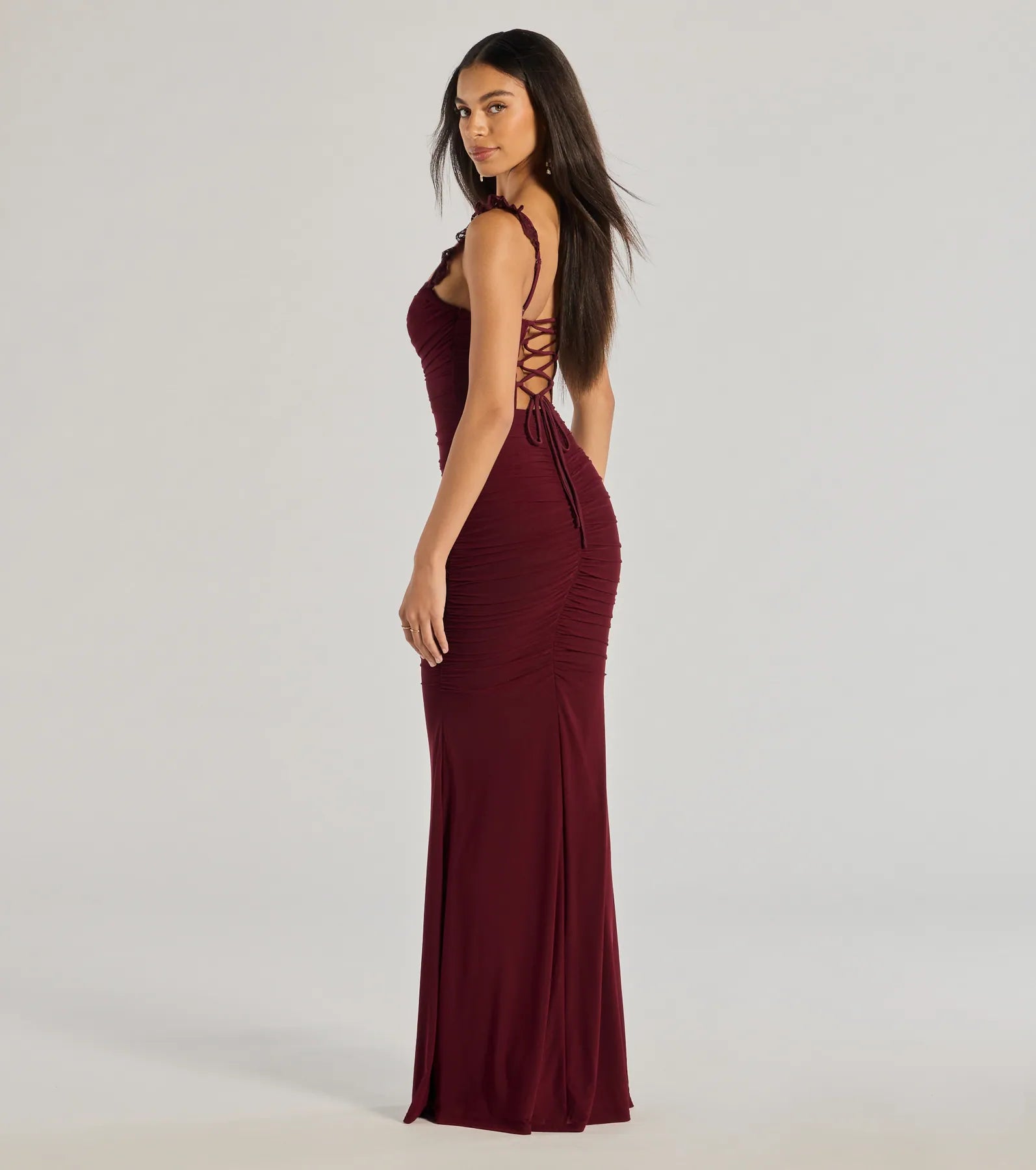 Morgana Lace-Up Ruched Mermaid Dress - BURGUNDY