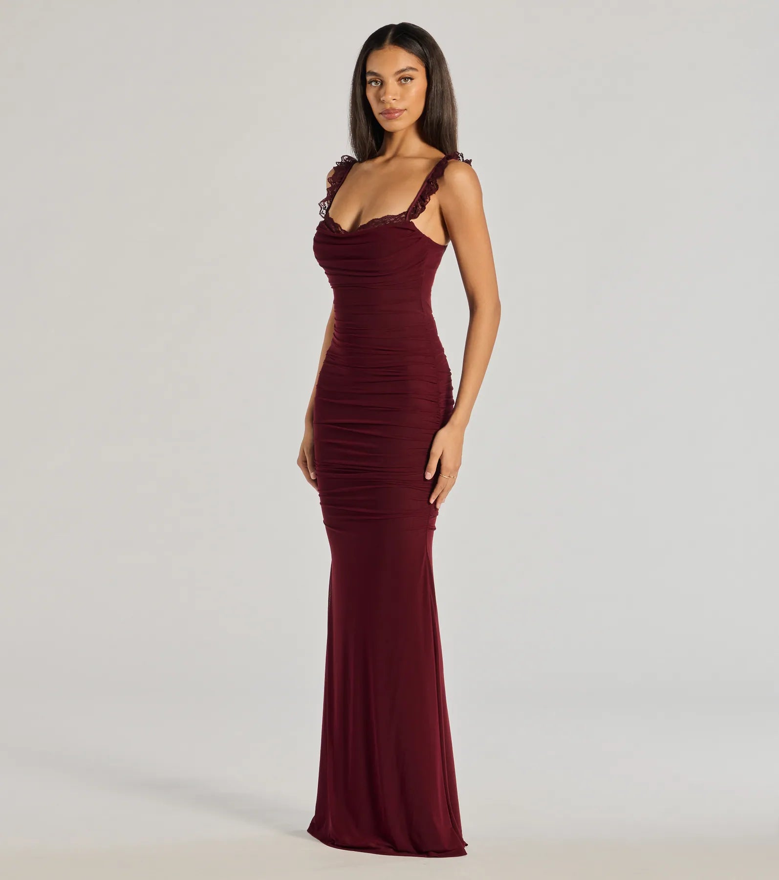 Morgana Lace-Up Ruched Mermaid Dress - BURGUNDY