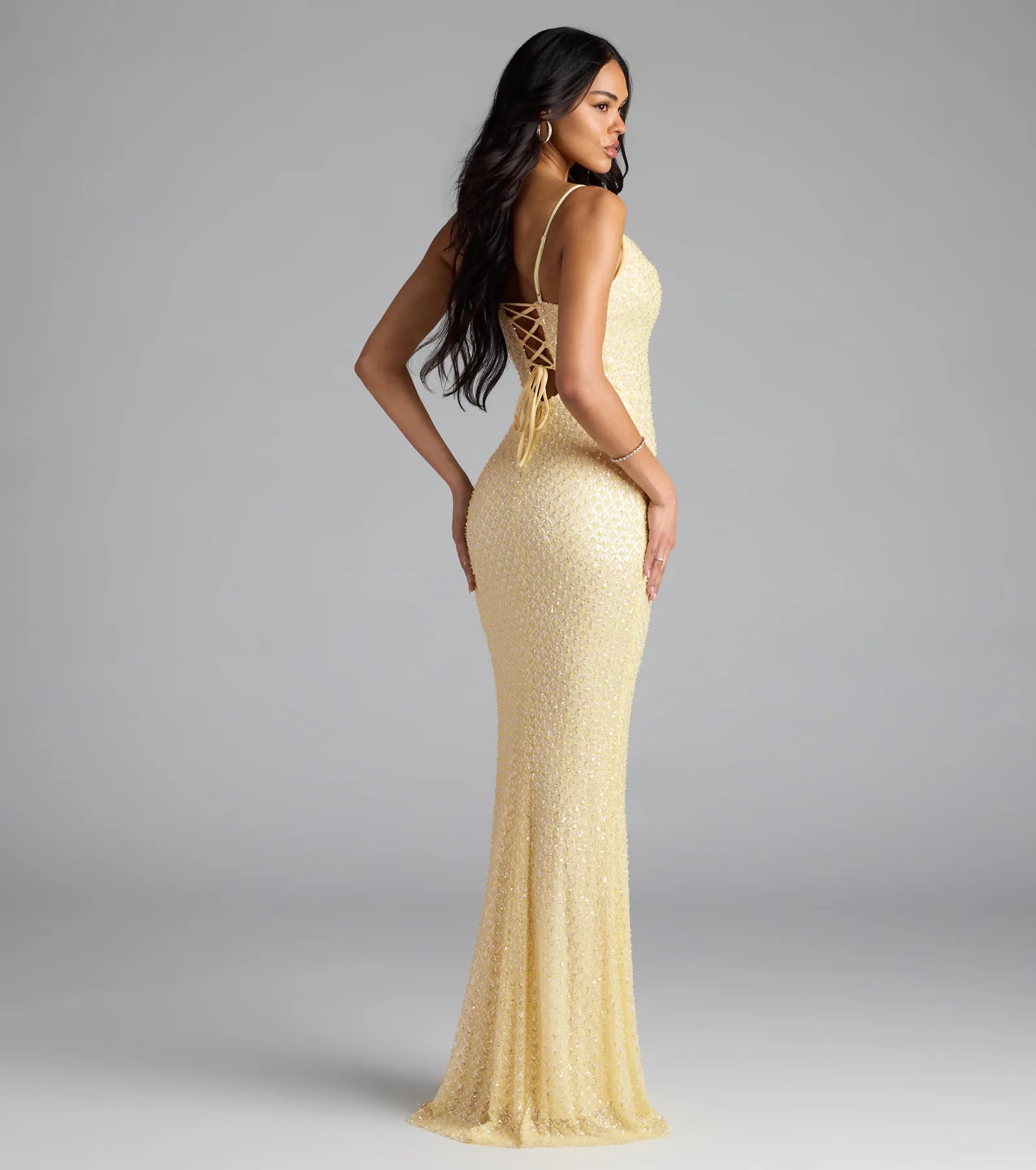 Hollie Lace-Up Mermaid Sequin Beaded Formal Dress - YELLOW